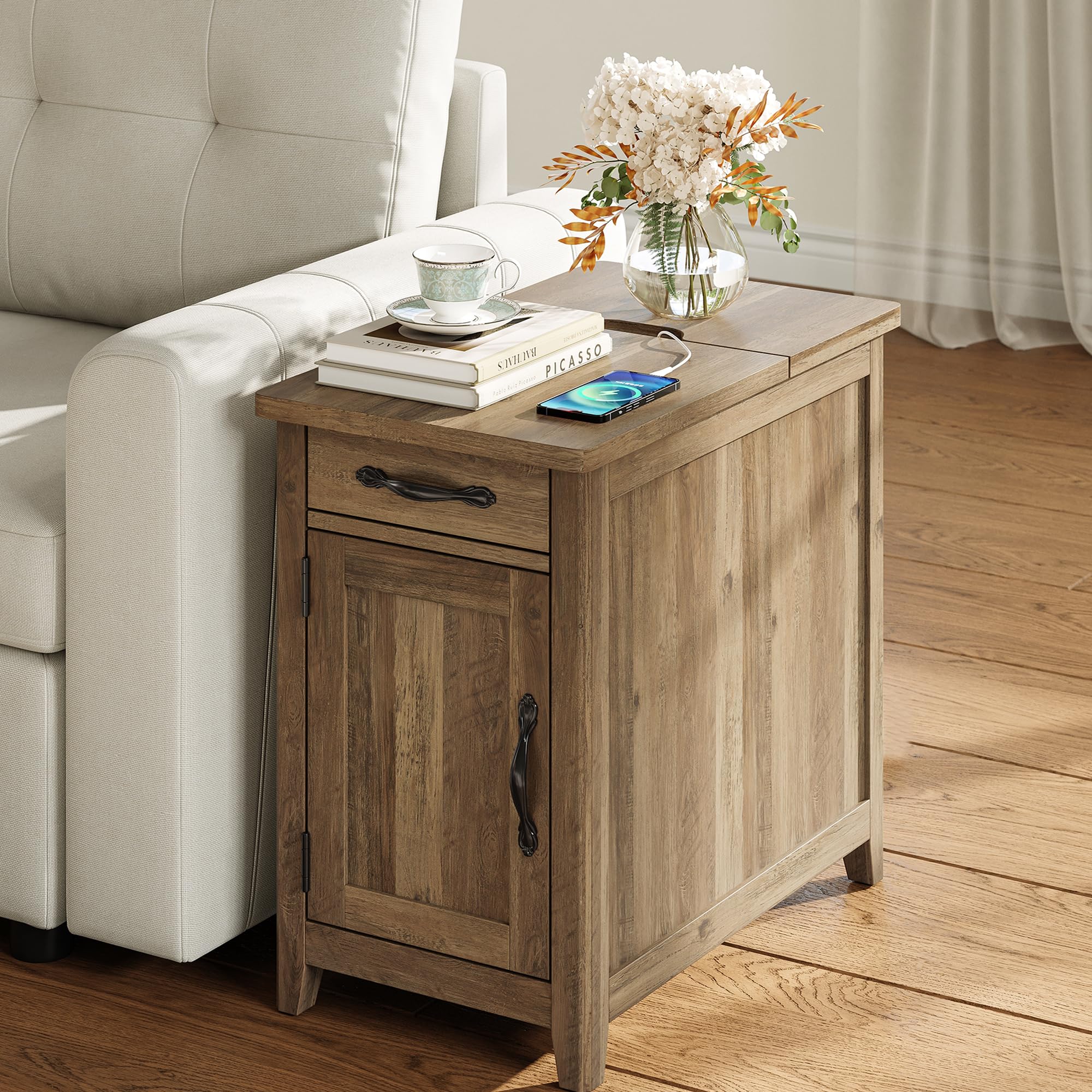 Farmhouse End Table with USB Charging Station - Narrow Side Table with Drawer & Storage Cabinet for Living Room, Bedroom, Home Office - Rustic Nightstand for Sofa, Couch or Office Desk - Perfect for Small Spaces & Device Charging