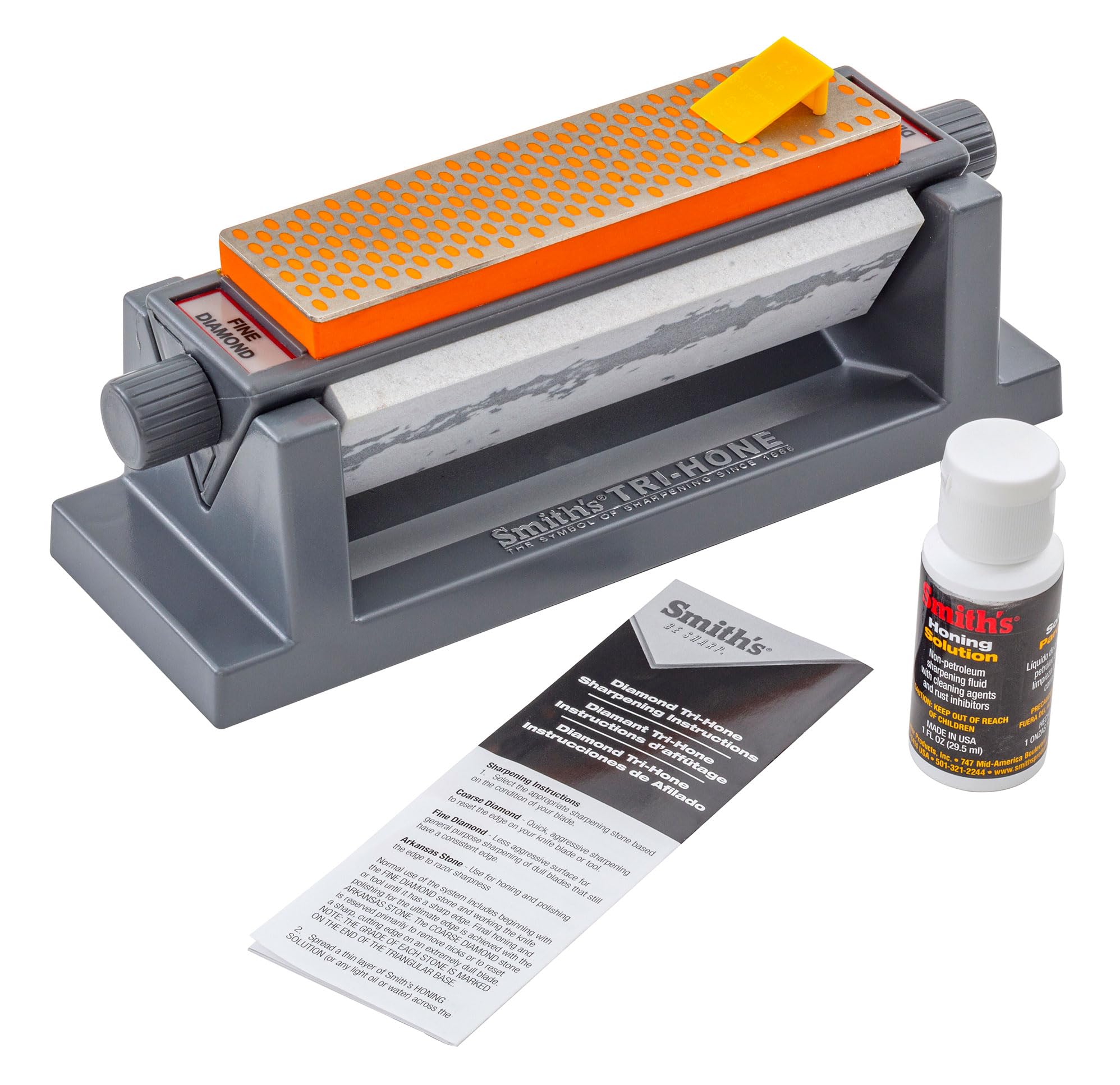Smith's 50448 6-Inch Diamond Tri-Hone Sharpening Stone System – Grey – Fine, Medium & Coarse Grit Stones – 3-Way Knife Sharpener with Non-Slip Rubber Base – Perfect for Kitchen Knives, Hunting Tools, Fishing Gear & Pocket Knives – Ideal for Home, Camping & Outdoor Use