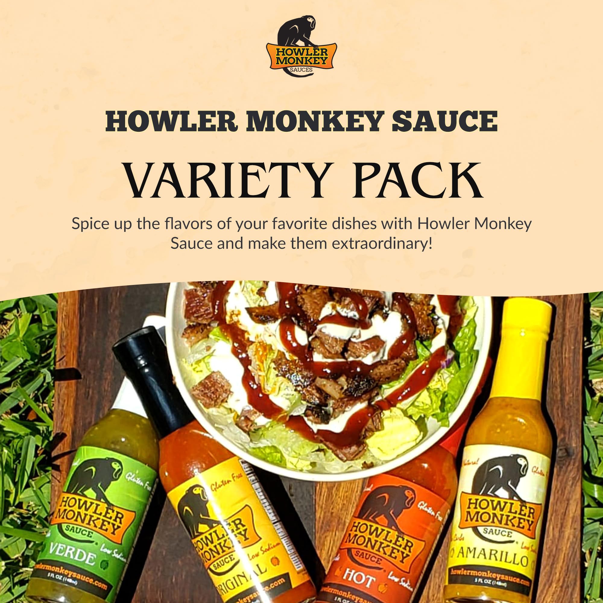Howler Monkey Hot Sauce Variety Pack - Original, Amarillo, Verde & Spicy Flavors - Authentic Panamanian Aji Chombo Sauce - Gluten-Free, Vegan - 5 oz Bottles (4-Pack) - Perfect for Tacos, Wings, BBQ & Cooking