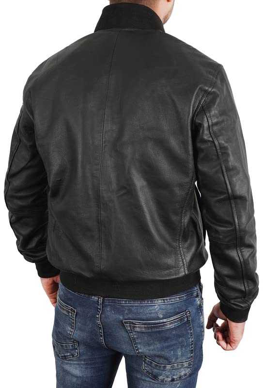 LP-FACON Men's MA1 Flight Tactical Leather Bomber Jacket - Military Black Biker Lambskin Leather Jacket for Men | Stylish Outerwear for Motorcycle Riding, Aviation & Casual Wear