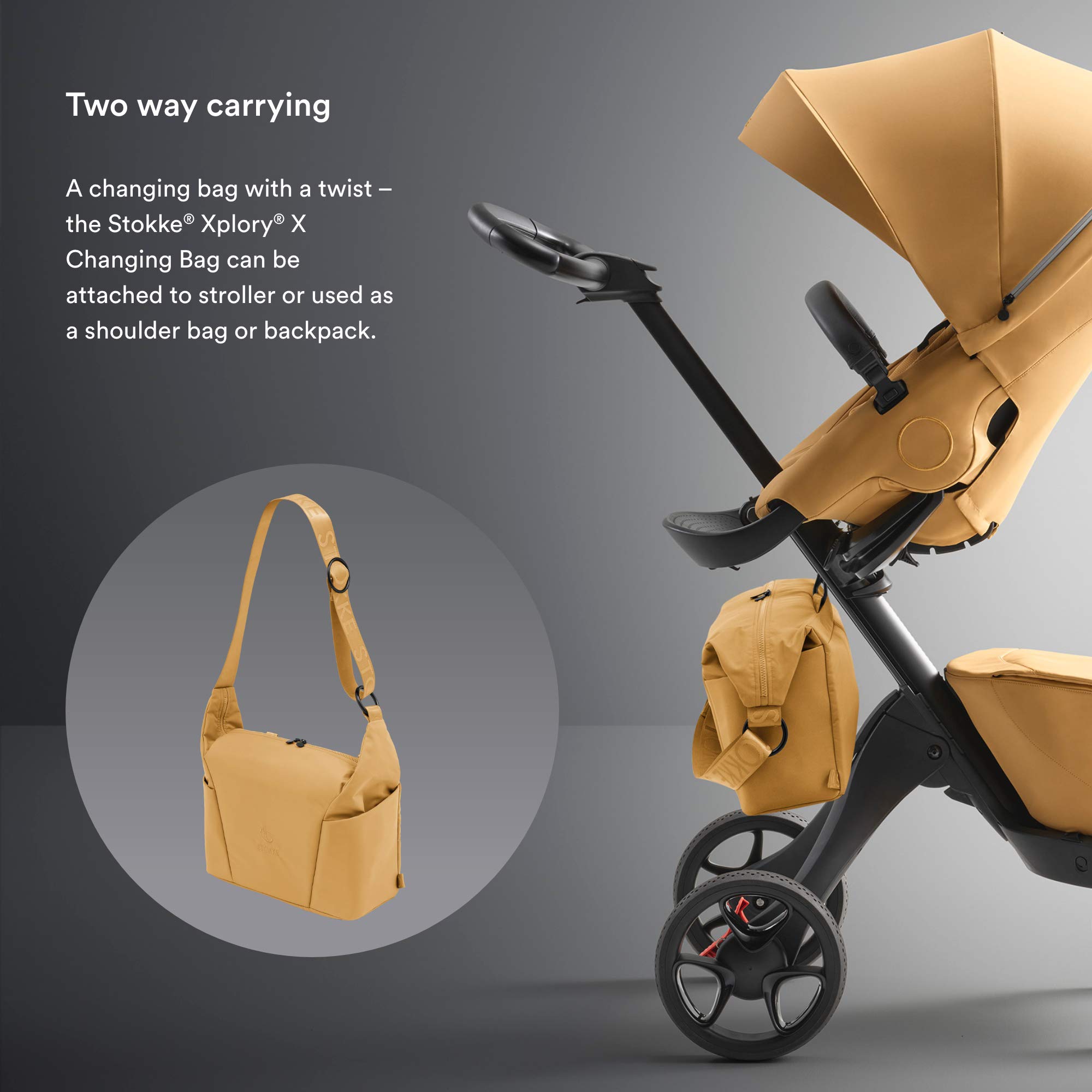 Stokke Xplory X Diaper Bag - Golden Yellow, Convertible Shoulder Bag & Backpack with Foldable Changing Mat - UPF 50+ Sun Protection, Water Repellent & Easy to Clean - Perfect for Travel, Shopping & Outdoor Activities with Baby