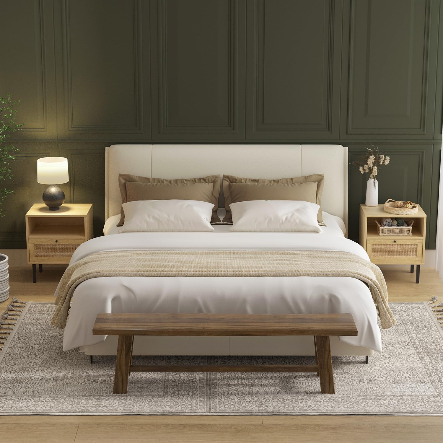 Rattan Nightstands Set of 2 - Boho Bedside Tables with 1 Door & Open Shelf, Natural Wood End Tables with Metal Legs - Perfect for Bedroom, Living Room, or Guest Room Decor