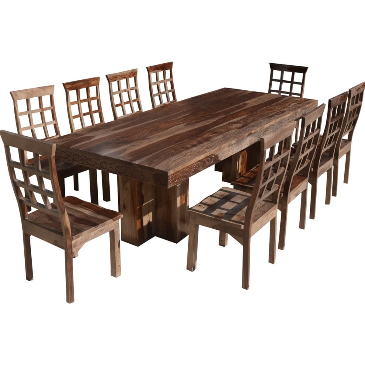 Rustic Solid Wood Double Pedestal Dining Table Set For 10 - Dallas Ranch Style Farmhouse Dining Room Furniture for Family Gatherings & Dinner Parties