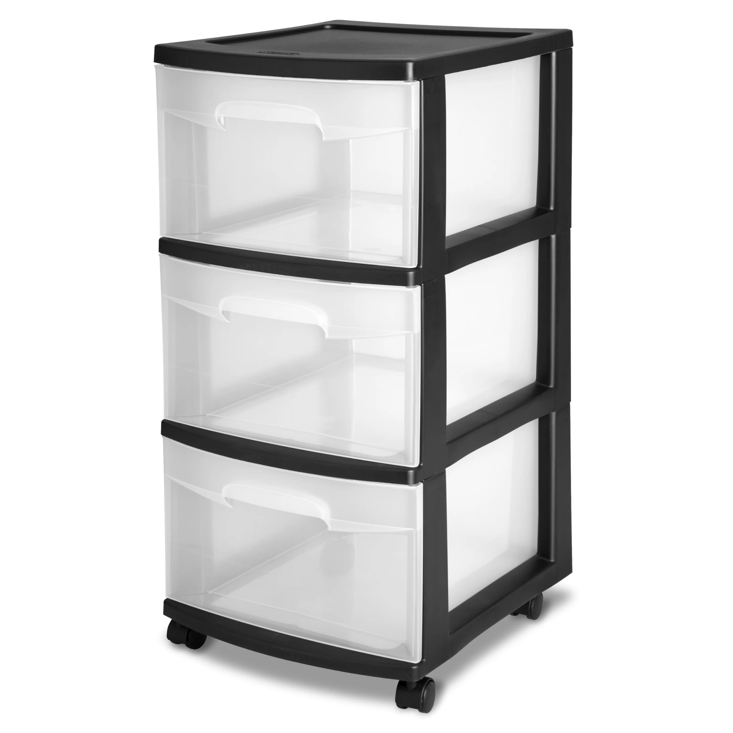 3-Drawer Plastic Storage Cart with Removable Wheels - Medium Home Organization Container, White Frame & Clear Drawers - Perfect for Bedroom, Office, or Garage Storage (Black, Set of 1)