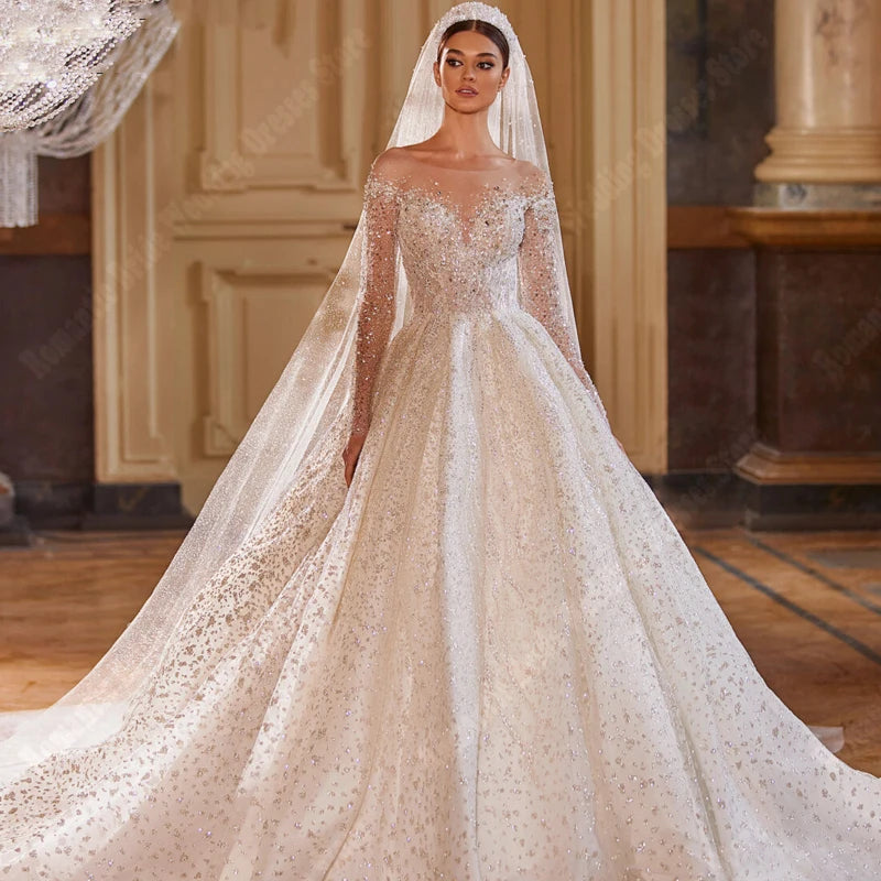 Elegant V-Neck Wedding Dress with Sparkling Sequins - A-Line Floor-Length Long Sleeve Bridal Gown for Church Ceremony & Romantic Reception