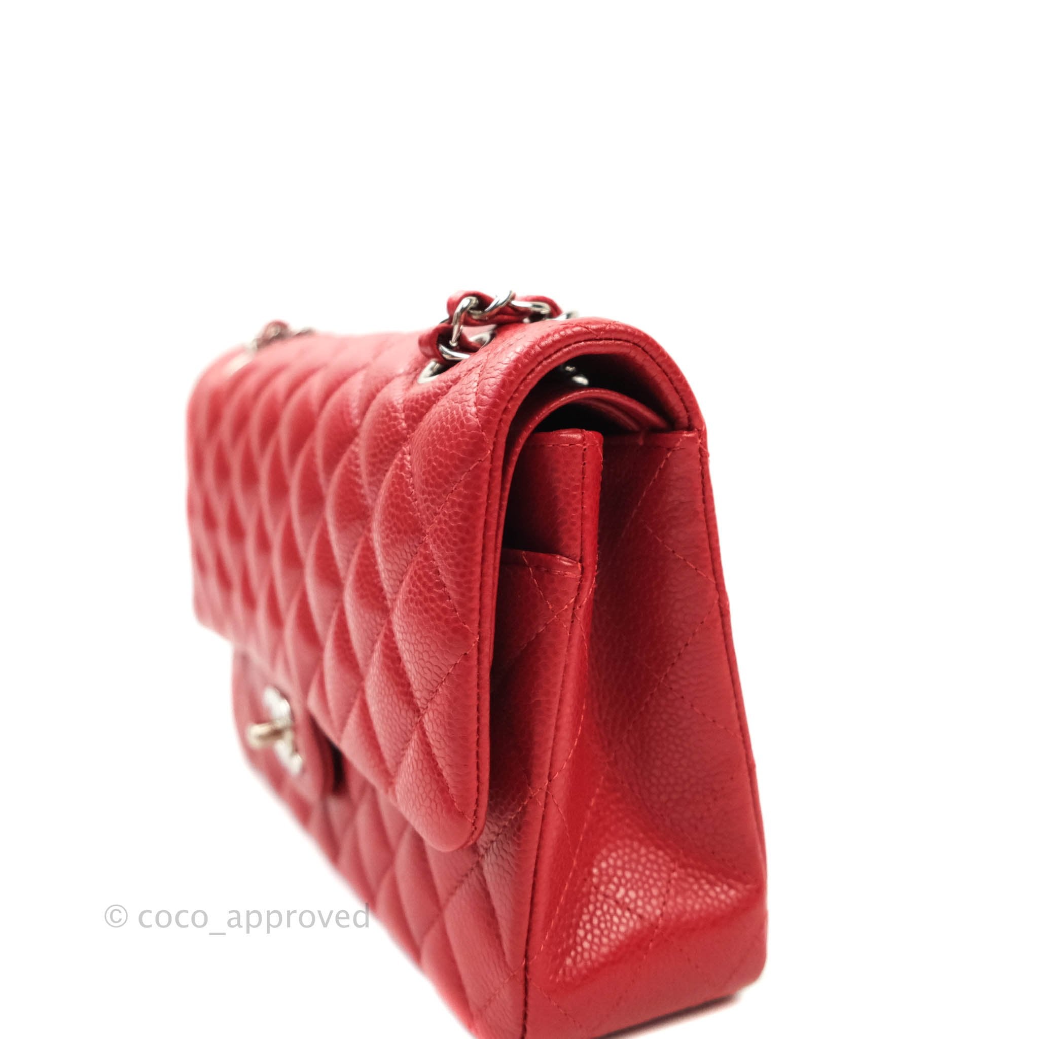 Chanel Classic Medium Double Flap Bag in Red Caviar Leather with Silver Hardware - Luxury Designer Handbag for Women, Perfect for Parties, Work & Everyday Use