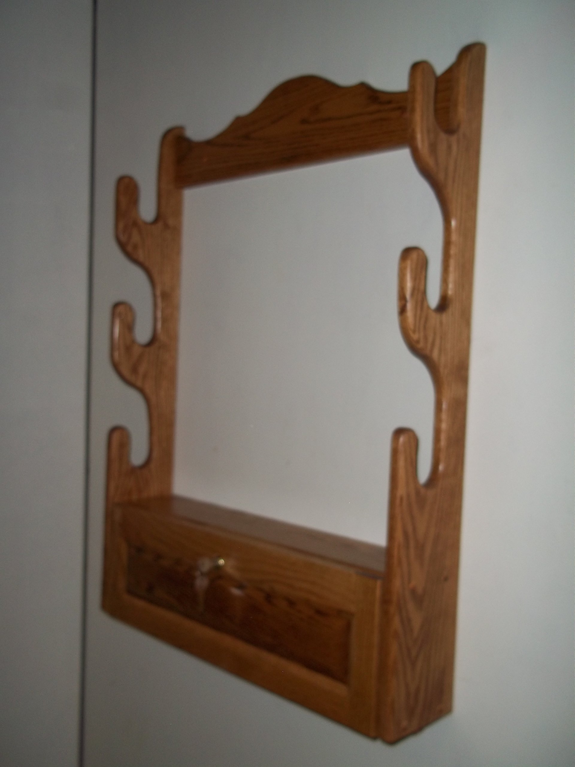 3 Gun Wall Mount Rack with Locking Storage Compartment - Golden Oak Finish for Secure Firearm Storage in Home, Office or Cabin