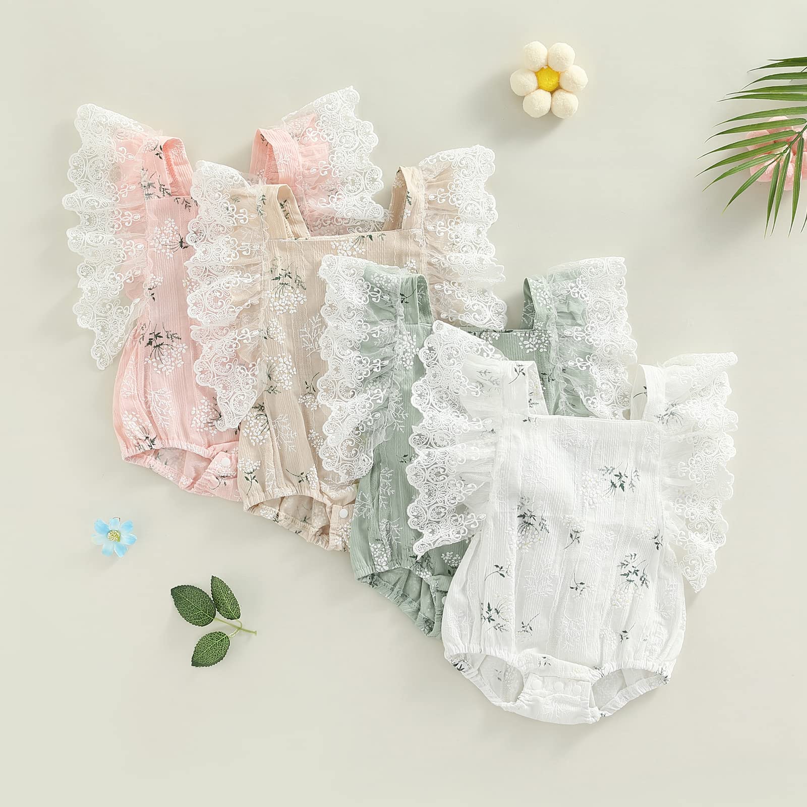 Newborn Baby Girl Romper Outfit - Lace Flutter Sleeve Floral Bodysuit One-Piece Summer Clothes for 0-3 Months | Perfect for Photoshoots, Parties & Daily Wear