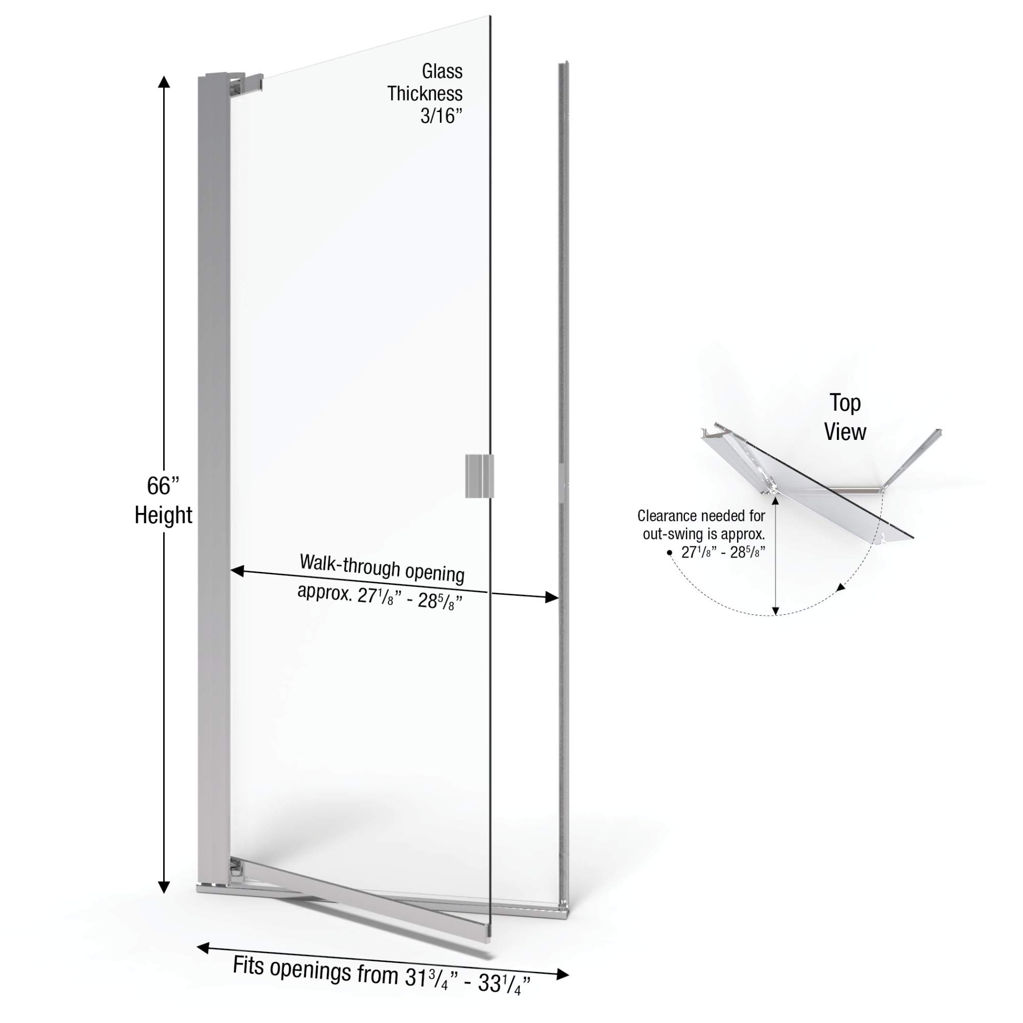 Basco Armon 31.75 to 33.25 Inch Semi-Frameless Pivot Shower Door - Clear Tempered Glass with Chrome Finish for Bathroom Renovation & Modern Home Upgrade