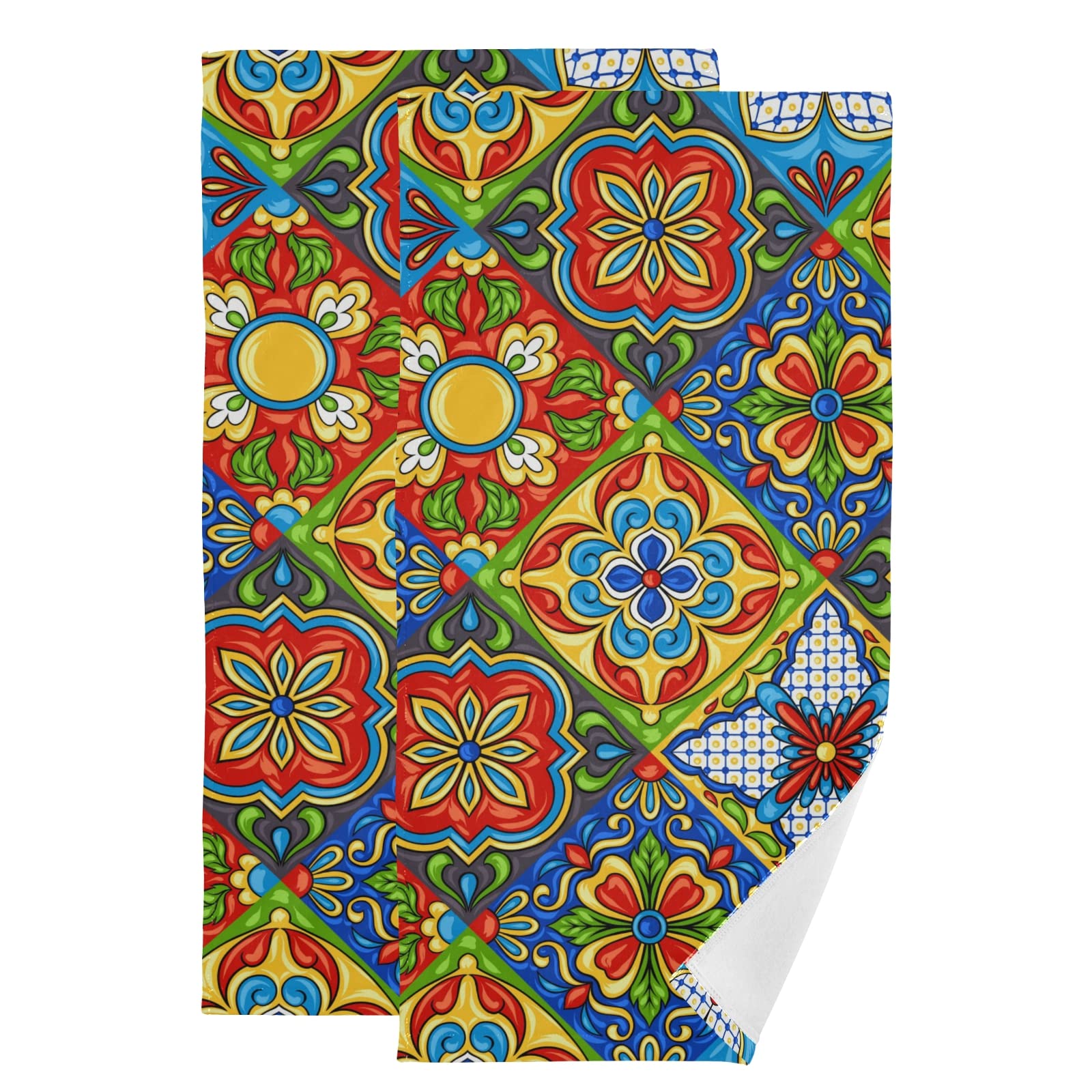 Premium Mexican Ceramic Tile Print Kitchen Towels - 100% Cotton Soft & Absorbent Bath Hand Towels - Quick Dry Plush Beach, Pool, Gym & Yoga Towel Set (28.3x14.4in) - Perfect for Home Decor, Spa Days & Outdoor Activities