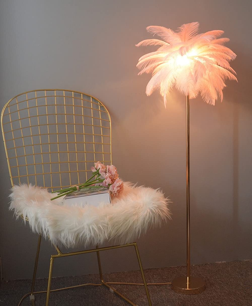 Natural White Ostrich Feather Floor Lamp - Modern Standing Lamp for Living Room, Bedroom & Pink Girl's Room - Perfect for Home Decor, Reading Nook & Cozy Ambiance (Color: Pink)