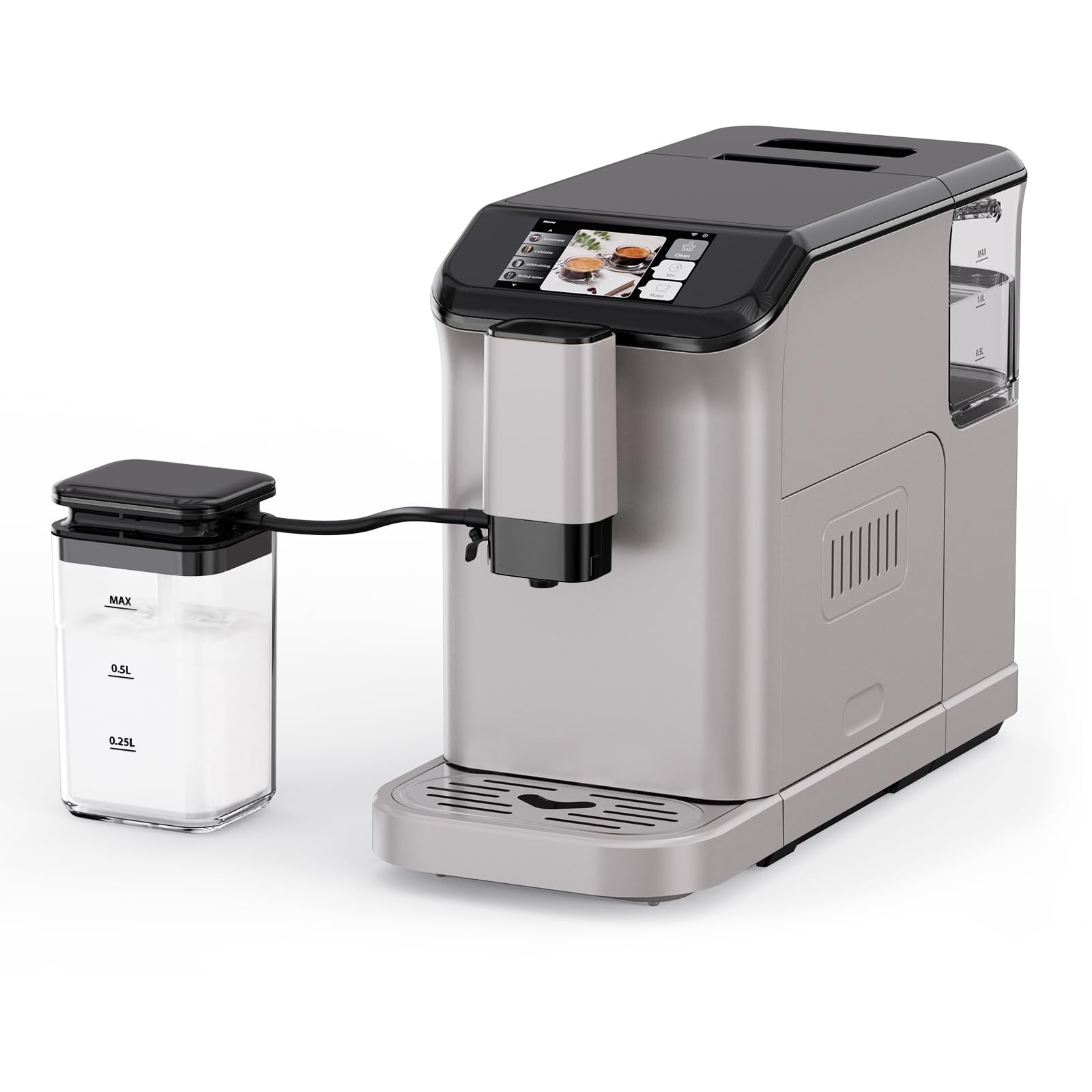 Premium Automatic Espresso Coffee Machine with Built-in Grinder & 20 Bar Pressure - Silver and Black TFT Touch Screen Espresso Maker with Auto Milk Frother for Latte, Cappuccino & Americano - Perfect for Home Baristas & Coffee Shops