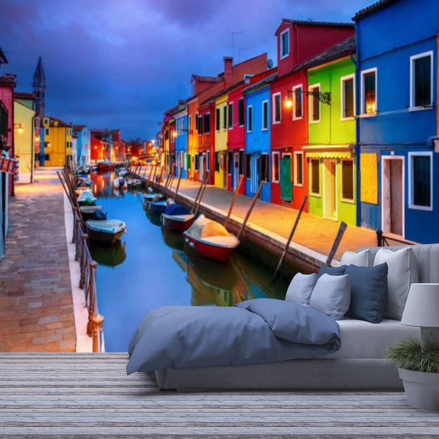 Modern 3D Removable Self-Adhesive Wallpaper - Colorful Evening Houses of Burano Island Venice - Peel and Stick Wall Mural for Living Room & Bedroom Decor | Perfect for Home Renovation, Nursery, and Rental Apartment Makeovers