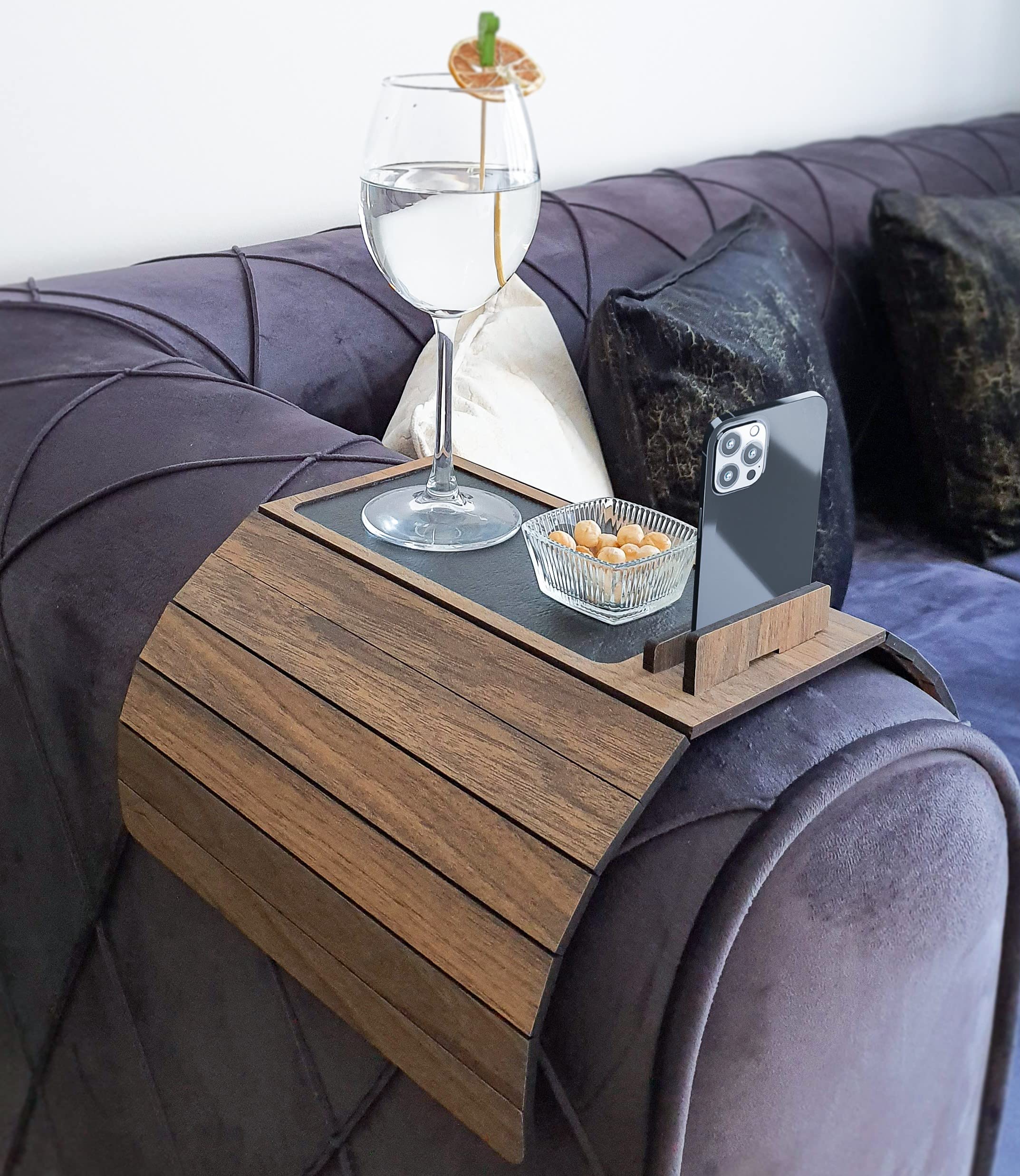 SAPPHIRE HOME Foldable Wooden Sofa Arm Tray Table - Sturdy Couch Armrest Tray for Drinks, Remote & Phone - Perfect for Living Room, Bedroom & Home Theater (Brown)