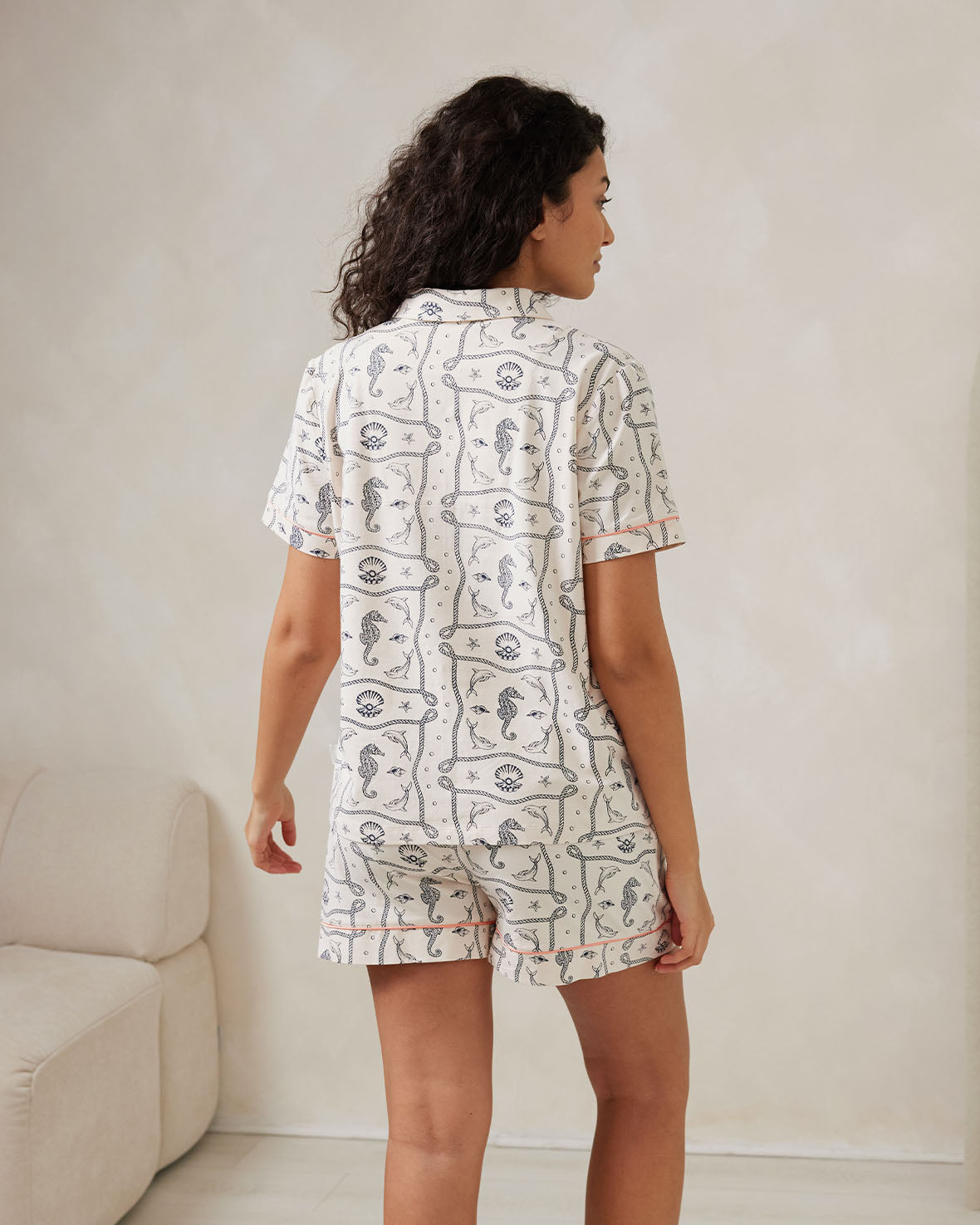 Organic Cotton Under the Sea Scarf Print Short Pajama Set for Women - Comfortable Sleepwear for Summer Nights & Beach Vacations