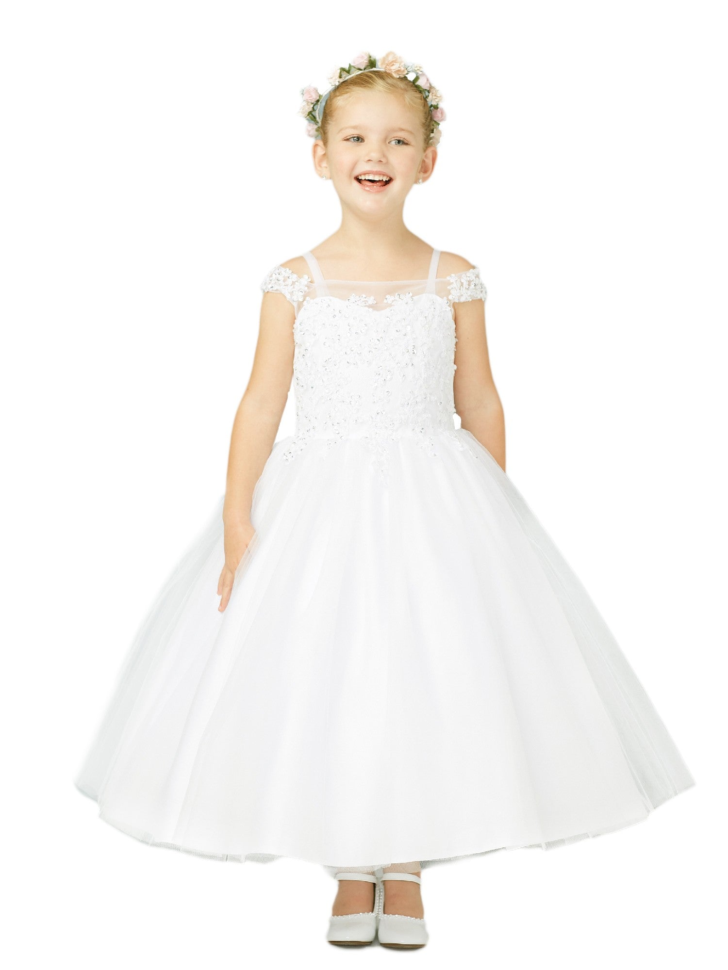 Ivory Off Shoulder Lace Tulle Communion Dress for Girls Size 8-14 - Perfect for First Communion, Baptism & Special Occasions