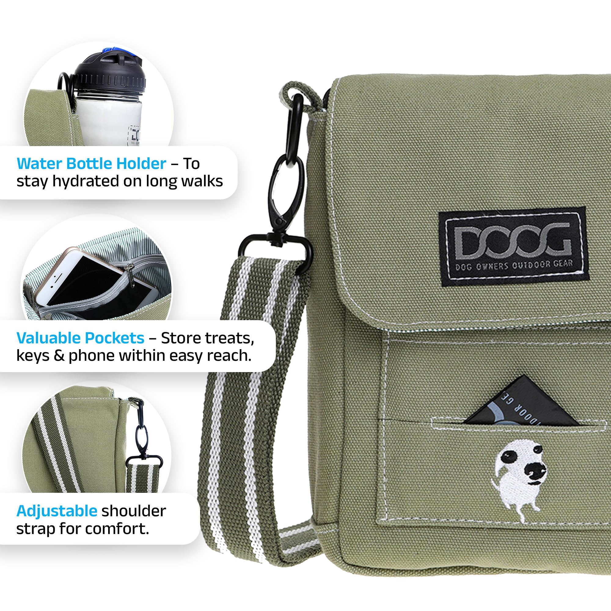 DOOG Adjustable Shoulder Walkie Bag with Poo Bag Compartment - Lightweight Dog Walking Accessory for Hands-Free Walks, Hiking & Outdoor Adventures (Green)