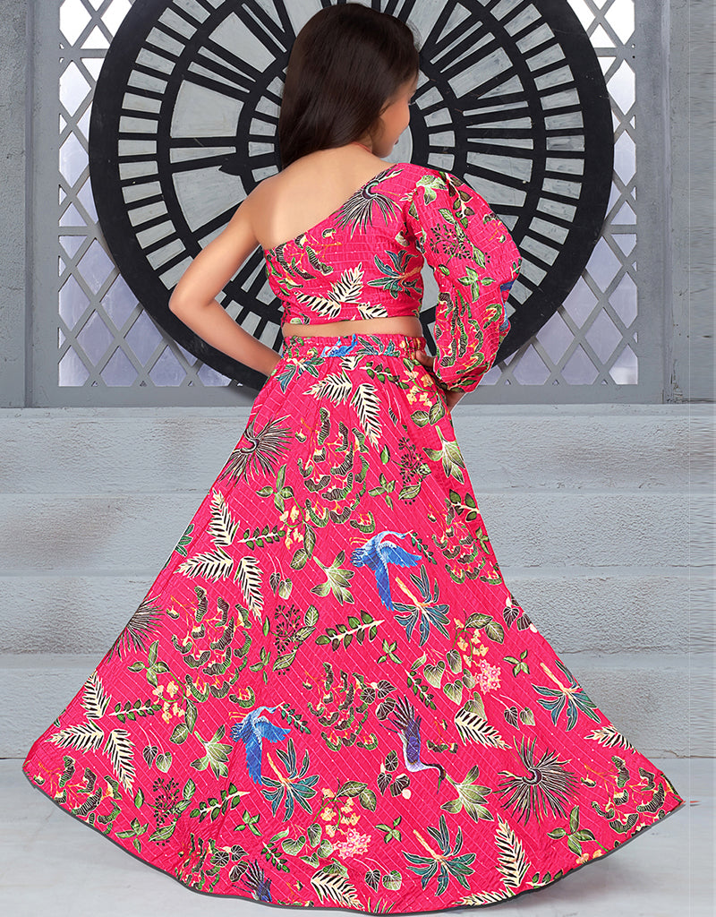 All-Season Designer Digital Print Kids Lehenga Choli with Chinon Sequins & Crochet - Pink | Perfect for Festivals, Weddings & Special Occasions