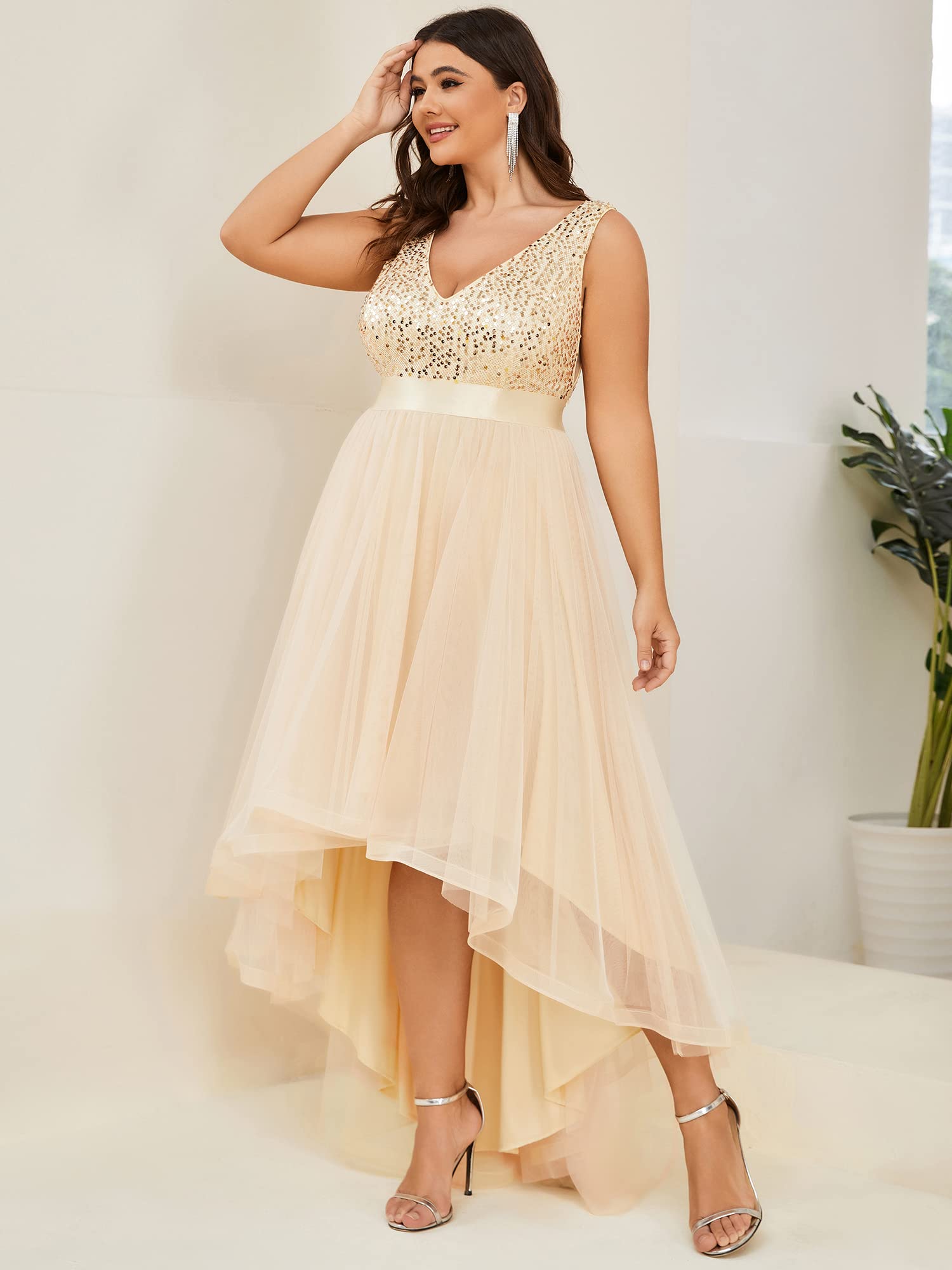 Ever-Pretty Women's Double V-Neck A-Line High-Low Sequin Tulle Plus Size Formal Dress for Curvy Women 0147A-DA | Elegant Evening Gown for Prom, Wedding Guest, Cocktail Party & Special Occasions