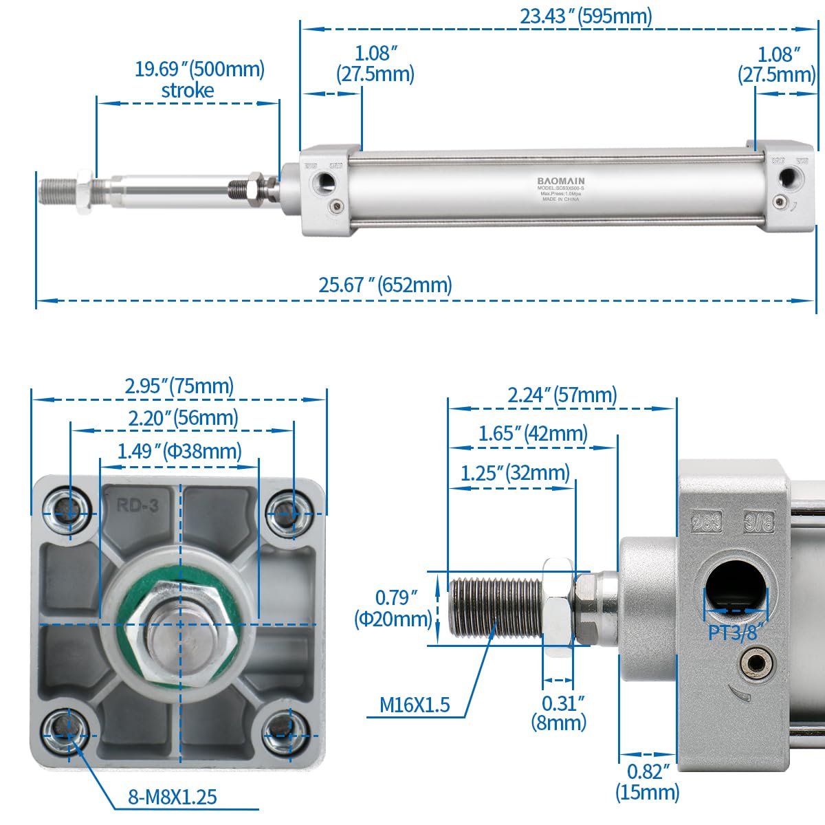 Baomain SC63 x 500-S PT 3/8 Pneumatic Air Cylinder - 2.5 Inch Bore, 20 Inch Stroke, Dual Action with Magnet - Ideal for Industrial Automation, CNC Machinery, and Pneumatic Systems