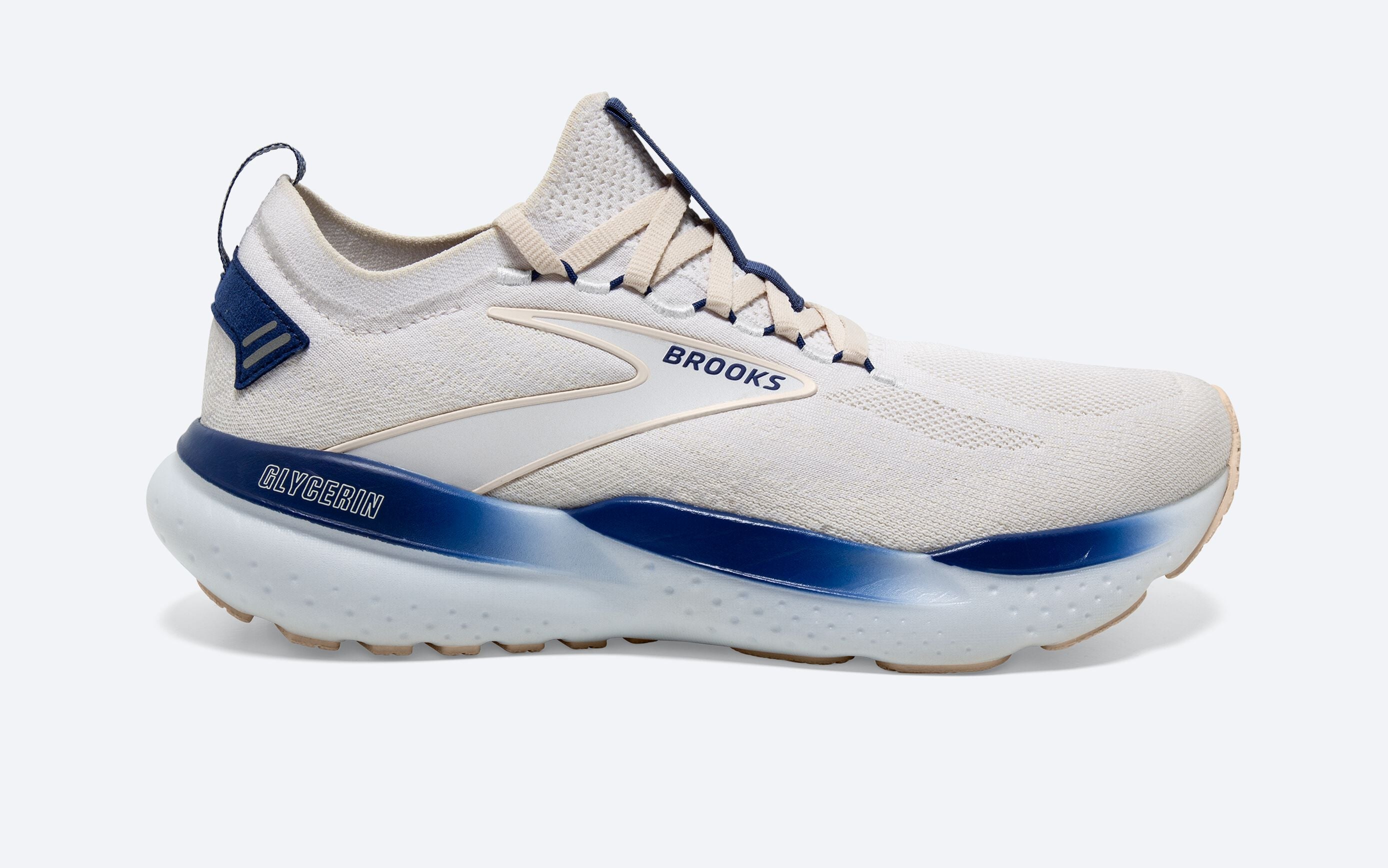 Brooks Glycerin StealthFit 21 Running Shoes for Men - White/Marshmallow/Blue - Size 10.5 D Medium - Cushioned Support for Long Distance Running & Gym Workouts