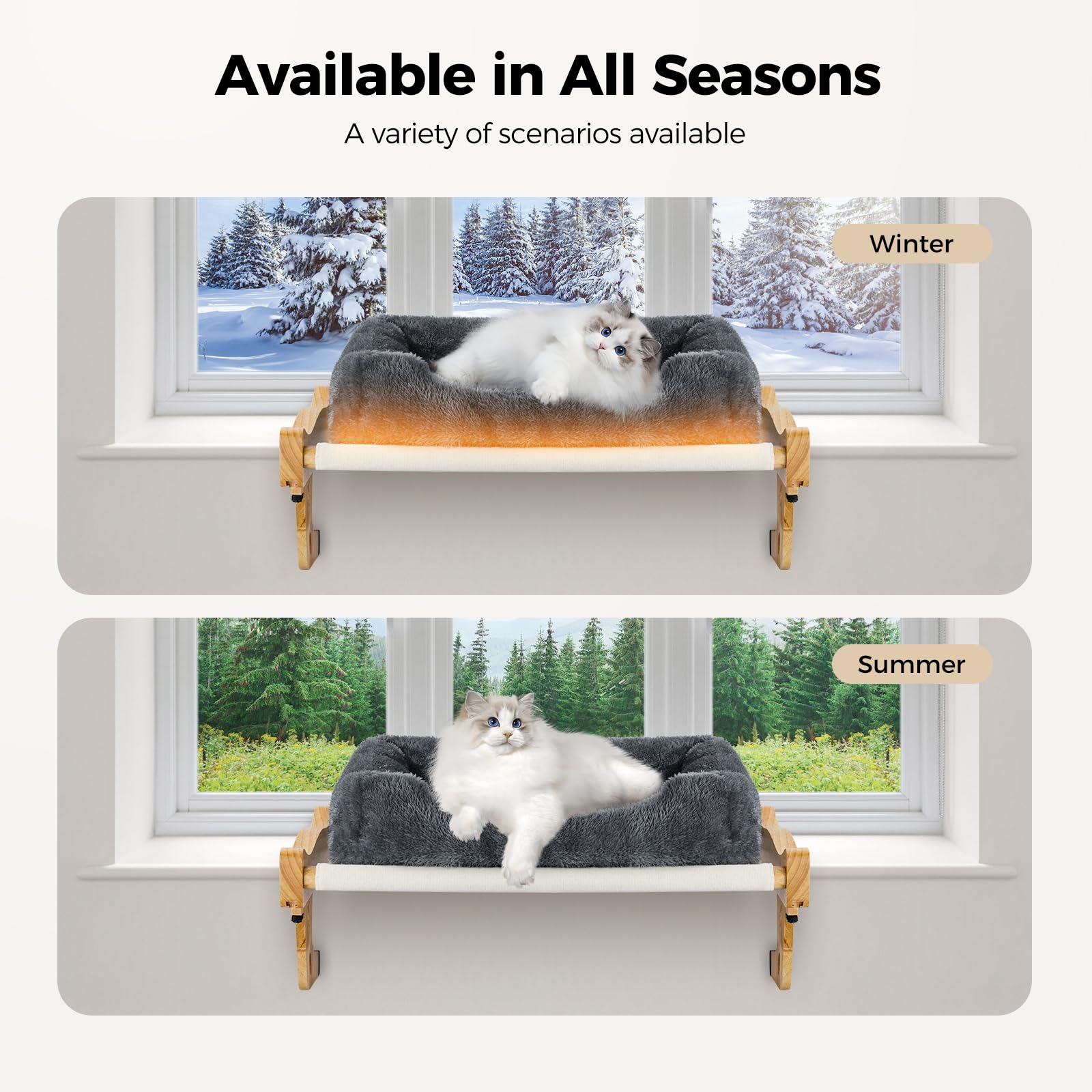 Warm Wooden Cat Window Perch with Removable Heating Pad - Adjustable 24H Timer Cat Hammock & Wide Cushion - Easy Clean Cat Bed for Windowsill, Bedside, Desk (Perfect for Winter Napping & Sunny Lounging)