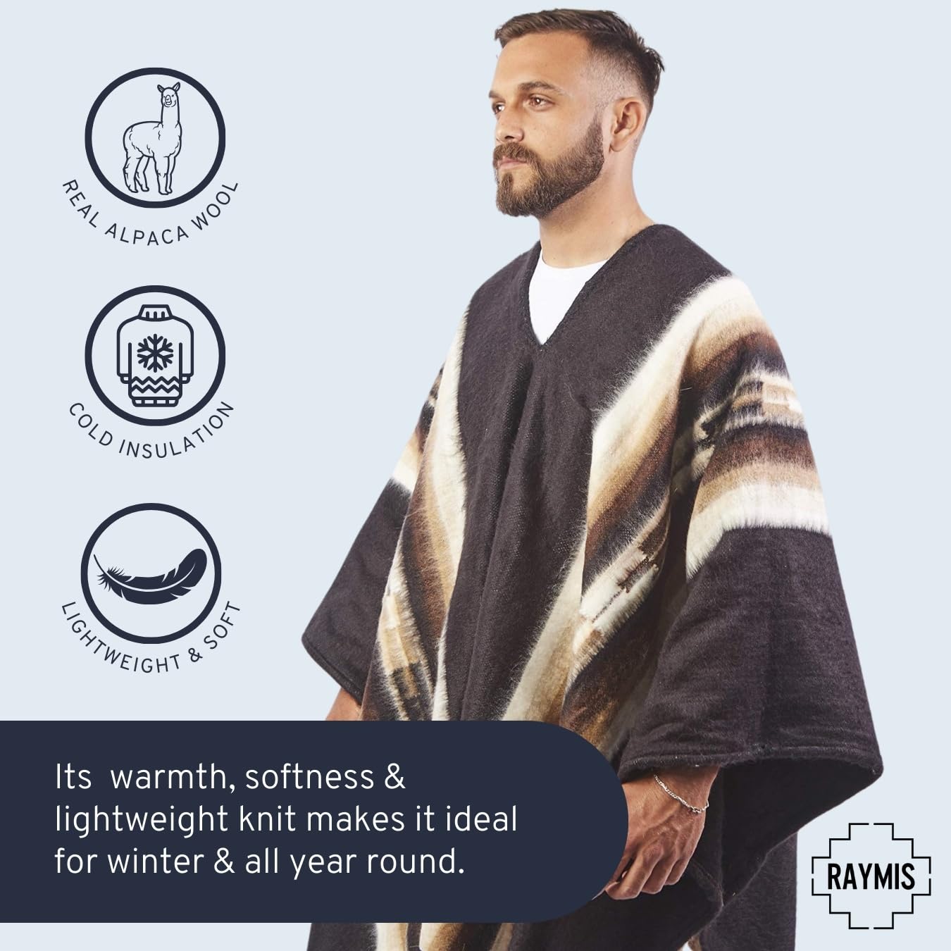 Premium Alpaca Poncho for Men - Soft & Warm Alpaca Wool Hooded Cloak - Mexican Style Poncho for Outdoor Activities, Camping & Winter Wear