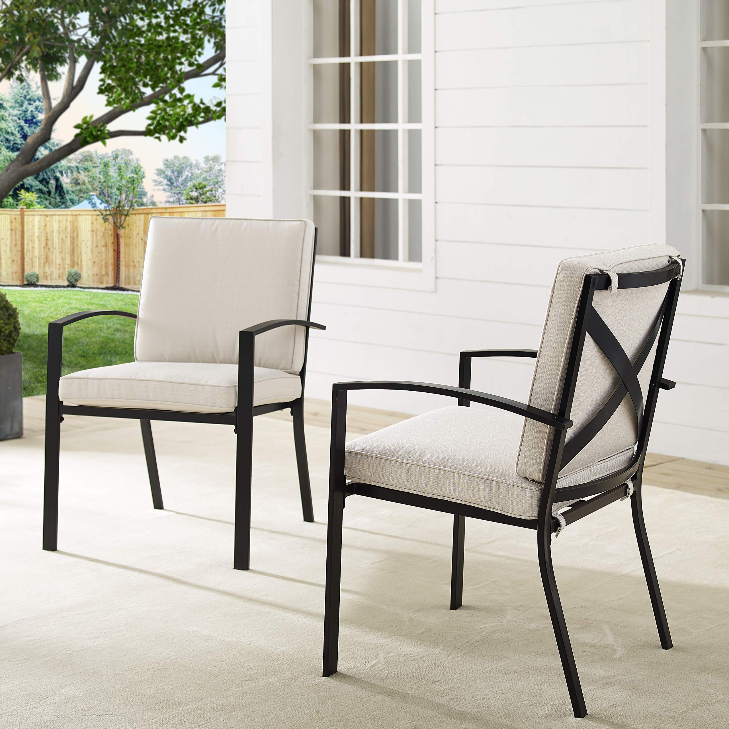 Crosley Furniture Kaplan 2-Piece Outdoor Dining Chair Set - Patio Chairs for Deck, Backyard, Garden - Oiled Bronze Metal Frame with Comfortable Oatmeal Cushions - Perfect for Outdoor Entertaining, Relaxing & Dining Al Fresco