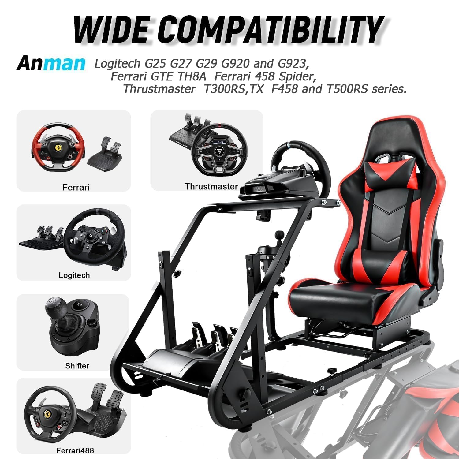 Anman G920 G923 Racing Simulator Cockpit with Adjustable Red Racing Seat - Compatible with Xbox, Logitech, Thrustmaster T300, Fanatec (Wheel/Shifter/Pedals Not Included) - Perfect for TV Gaming, VR Racing, and Home Simulation Setups
