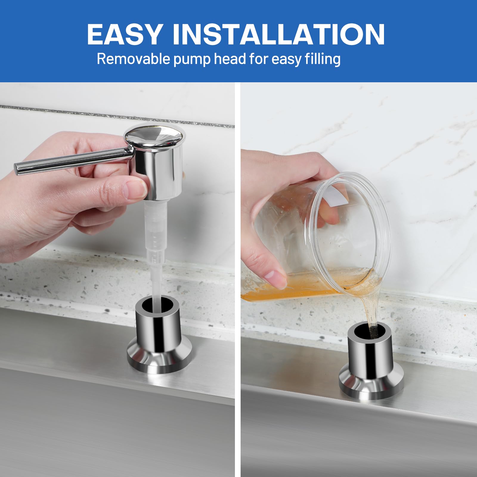 Stainless Steel Chrome Soap Dispenser for Kitchen Sink - 17oz Top Refillable Countertop Dispenser | Perfect for Bathroom, Kitchen, or Office Use