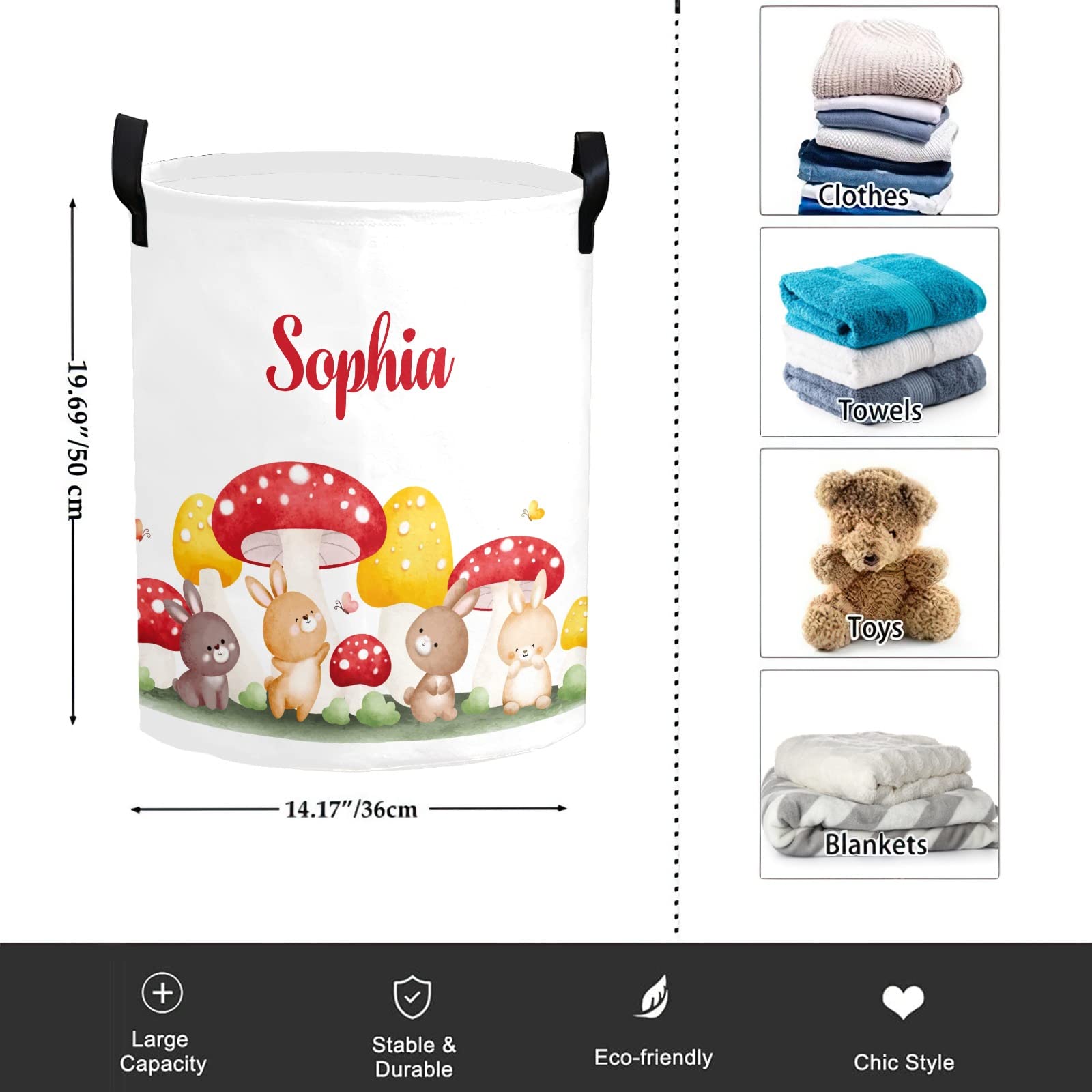 Personalized Rabbit Mushroom Laundry Hamper - Collapsible Storage Basket with Handles for Kids Room, Nursery Decor & Clothes Organization | Perfect for Baby Shower Gifts, Playroom Storage & Home Decor