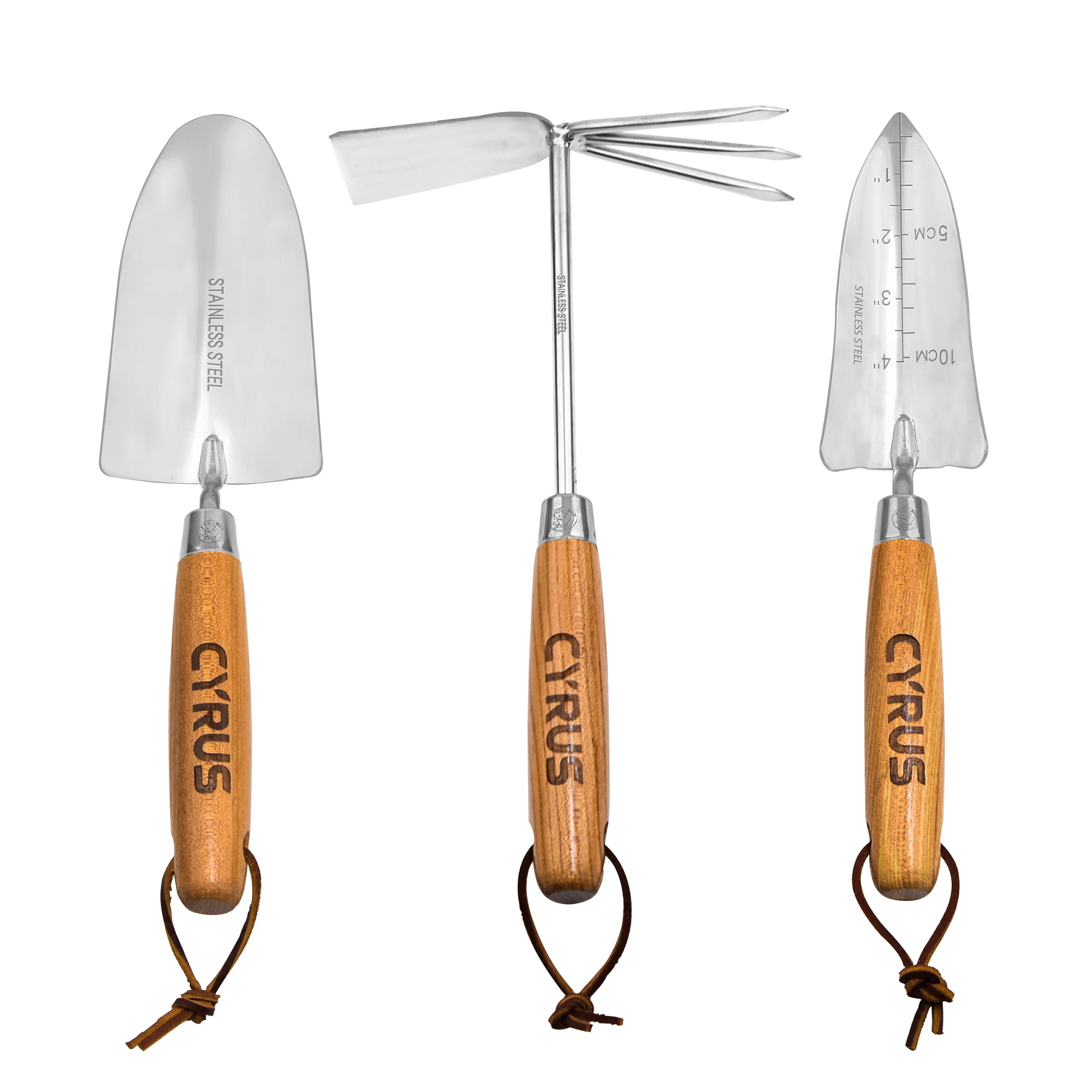 Premium 3-Piece Garden Tools Set with Wood Handle & Stainless Steel - Trowel, Transplanting Shovel for Digging - Ideal for Men & Women Gardening Enthusiasts | Perfect for Planting, Weeding & Landscaping in Backyard, Patio or Vegetable Garden - CYRUS