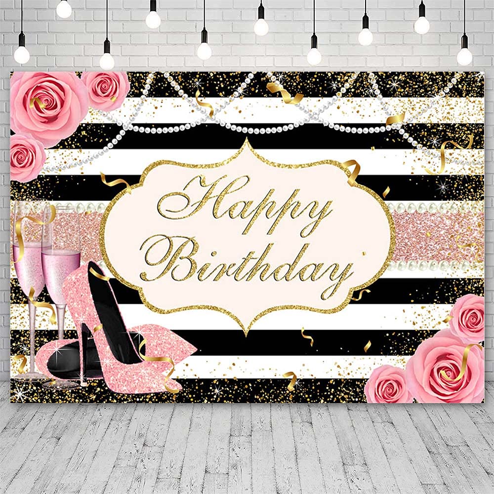 Happy Birthday Backdrop for Women - 7x5ft Black White Stripe with Pink Rose Flowers, Pearls, Rose Gold Heels & Champagne - Photography Background for Cake Table, Wall Decor, Party Props - Perfect for Birthday Parties, Baby Showers & Bridal Showers