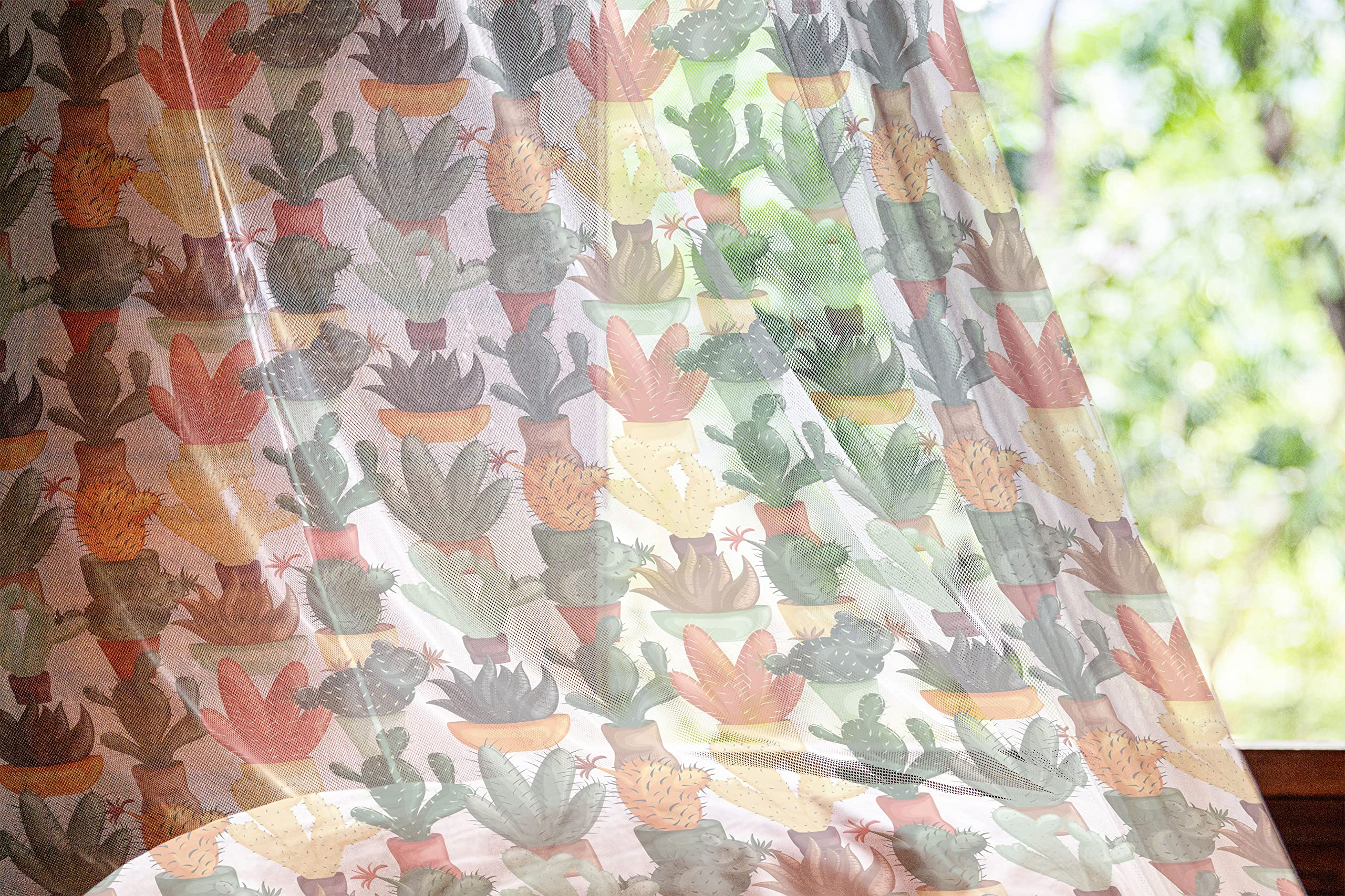 Ambesonne Cactus Tulle Curtains with Rod Pocket - Mexican Succulent Botanical Print Sheer Drapes for Living Room, Bedroom & Wedding Decor (Set of 2 Panels, 108