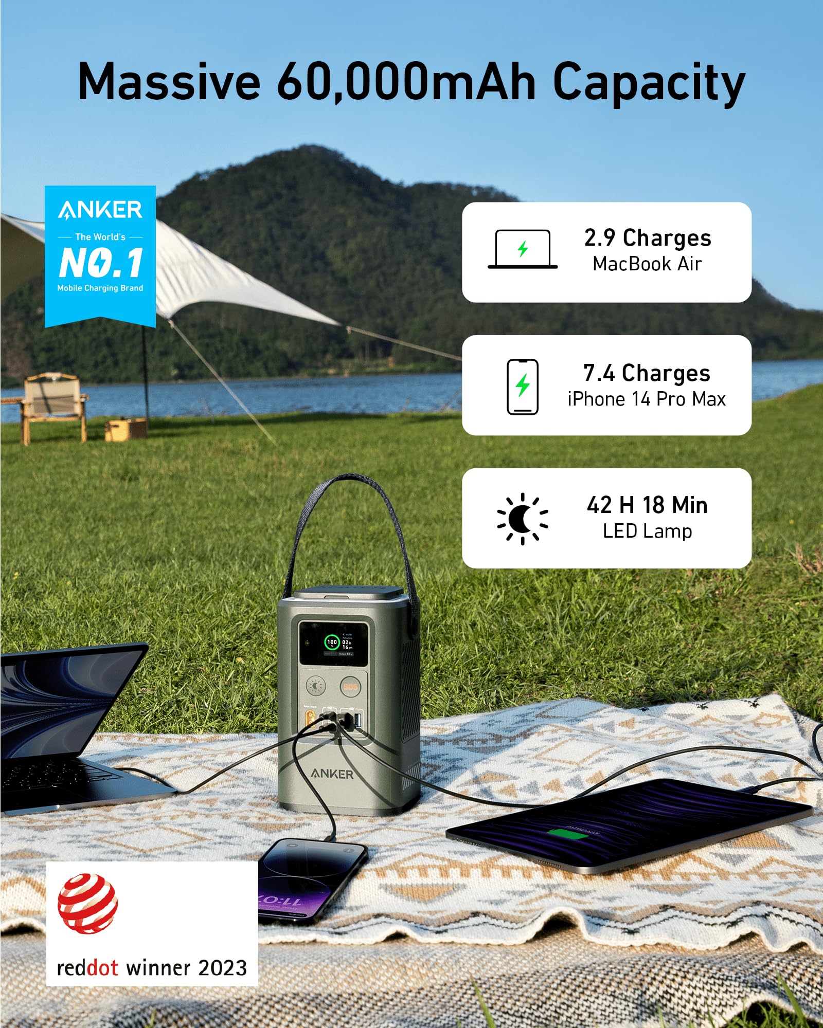 Anker PowerCore Reserve 192Wh Portable Power Station - 60,000mAh Outdoor Generator with 87W Output, Smart Digital Display, Retractable Auto Lighting & SOS Mode - Perfect for Travel, Camping, Emergency Home Backup & Outdoor Adventures