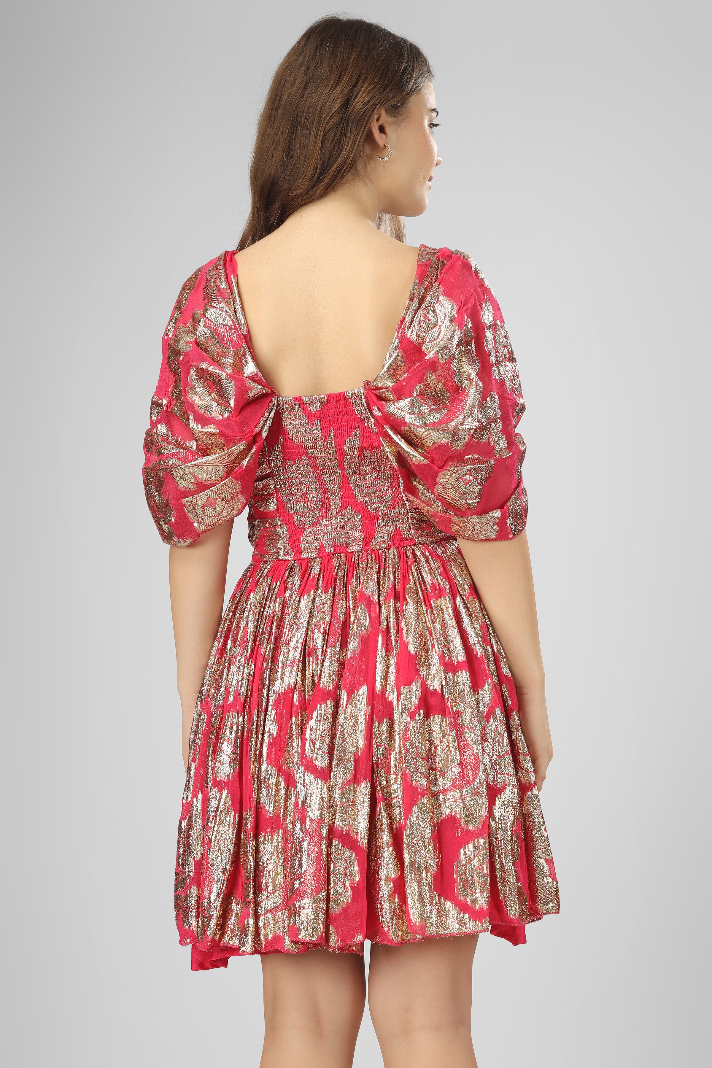 Stylish Sydney Metallic Printed Mini Dress in Fuchsia Pink - Perfect for Parties, Night Out & Special Occasions