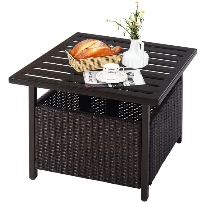 Outdoor Bistro Table - Rattan Wicker & Steel Side Deck Dining Table with Umbrella Hole - Perfect for Patio, Garden, and Poolside Dining