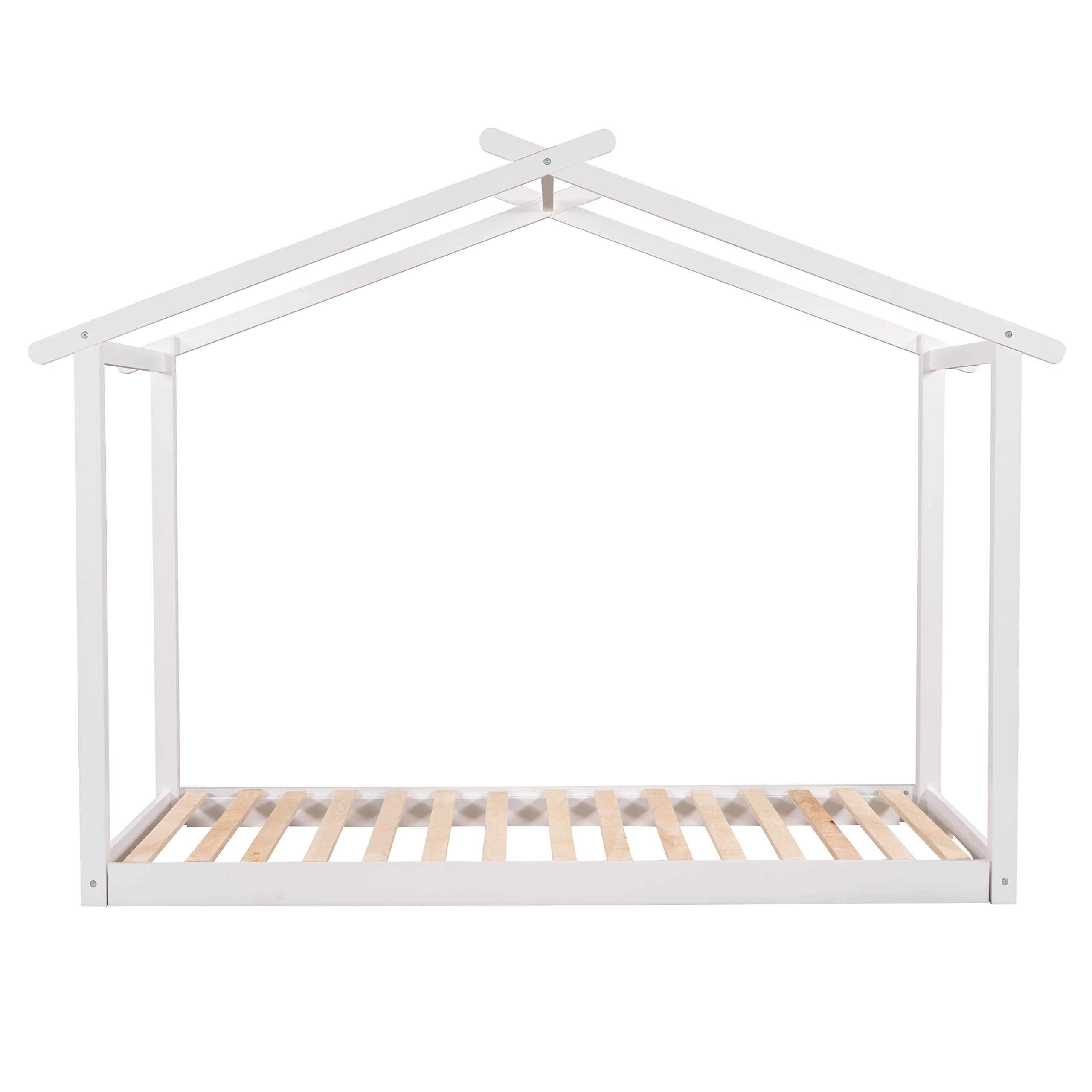 Solid Wood House Bed Frame - Twin XL/King Size Platform Bed with Trundle & Roof Design | Kids Floor Bed with Wood Slats Support | House-Shaped Daybed for Bedroom, Living Room, Playroom & Nursery | Sturdy Wooden Bed Frame for Toddlers & Teens