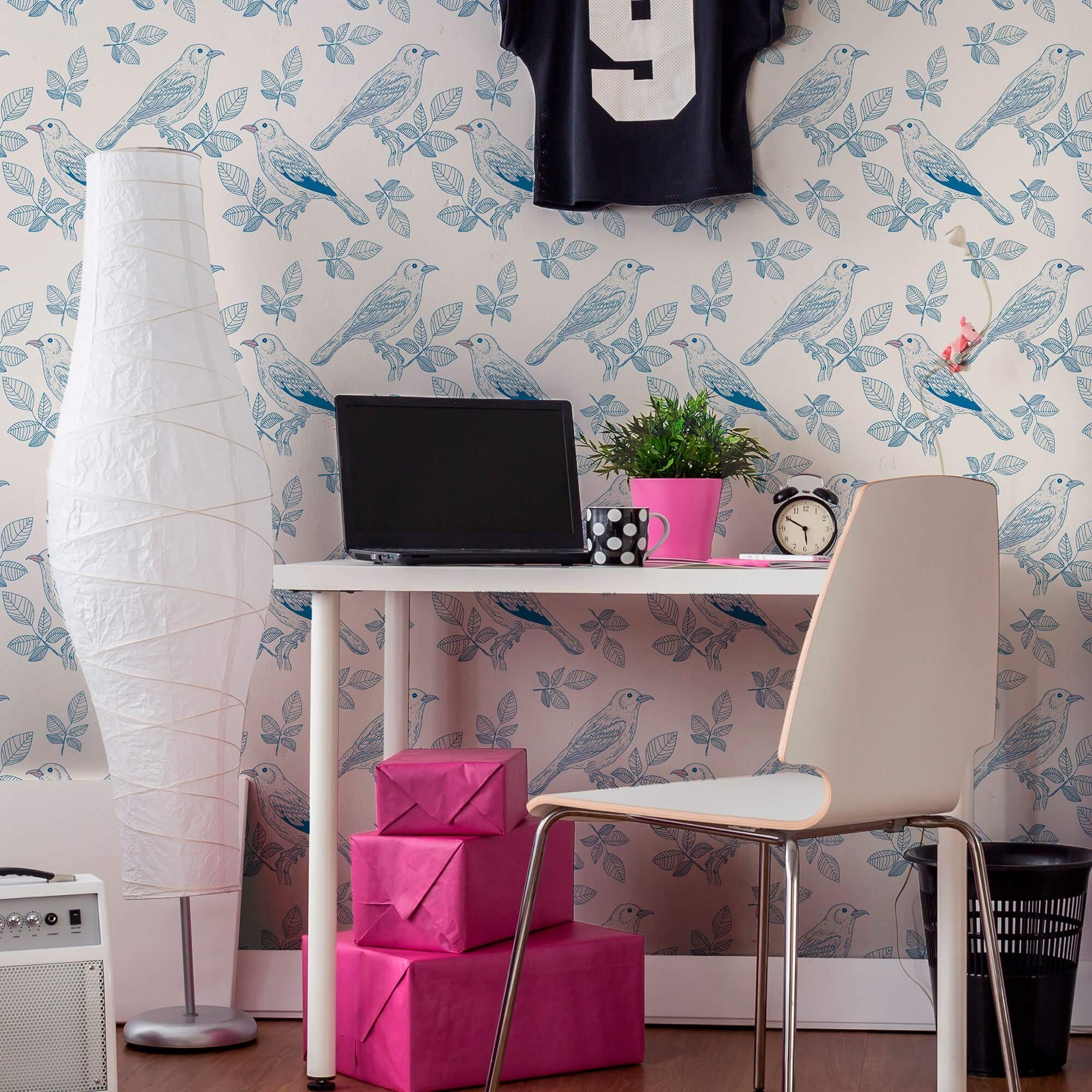 Silver and Blue Floral Animal Peel and Stick Removable Wallpaper 3836 - Self-Adhesive Decorative Wall Covering for Bedroom, Nursery, Living Room, Dorm