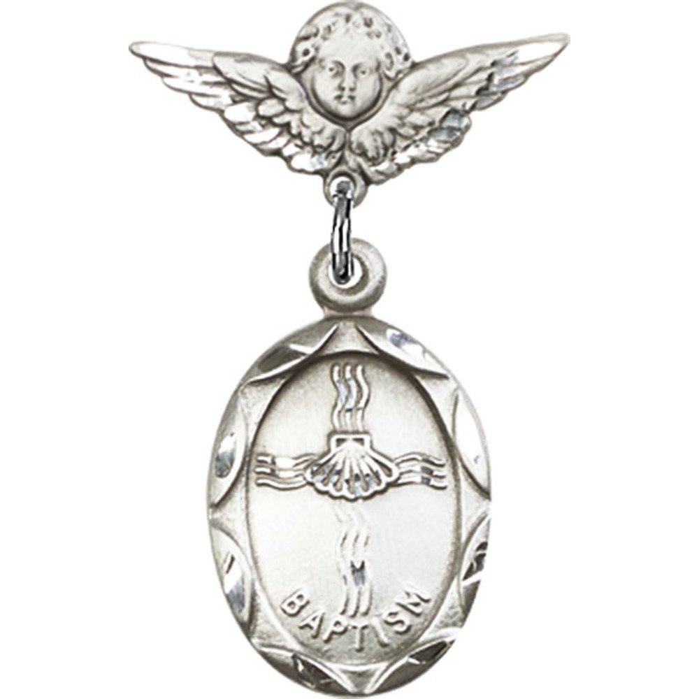 925 Sterling Silver Baby Baptism Badge Pin with Angel Wing Charm - 1 1/8 X 3/4 Inch - Perfect for Christening, First Communion & Baby Blessing Ceremonies
