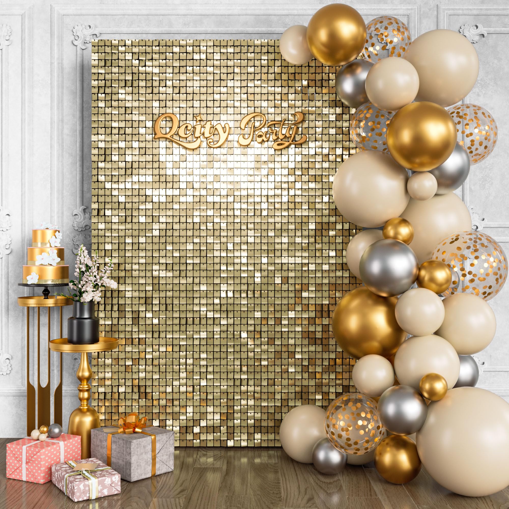 Qcity Light Gold Shimmer Wall Backdrop - 24PCS Square Sequin Glitter Backdrop Panel for Birthday, Wedding, Anniversary, Graduation, Party Decor | Perfect for Photo Booths, Stage Backgrounds & Event Decorations
