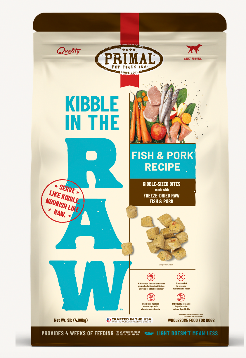 Primal Kibble In the Raw Fish & Pork Dog Food - High Protein Grain-Free Freeze-Dried Raw Dog Food for All Breeds & Ages - Perfect for Active Dogs, Training Treats & Digestive Health Support
