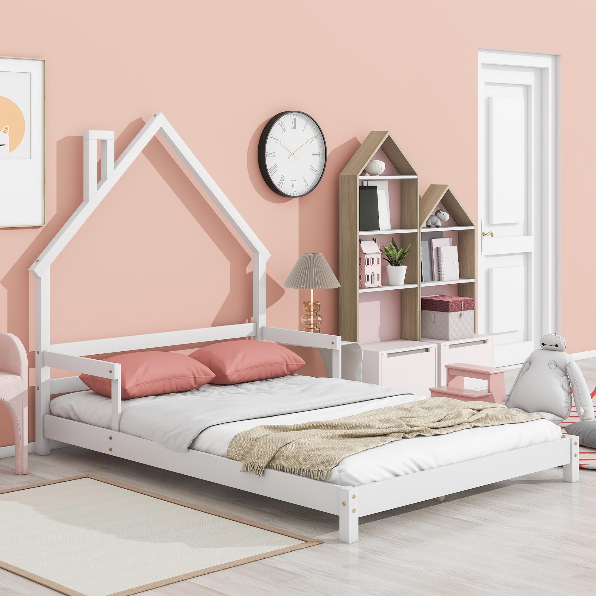 Bellemave Full Size Bed Frame for Kids - Low Platform Bed with House-Shaped Headboard & Safety Rails, No Box Spring Needed - Perfect for Girls' Bedroom, Nursery, or Playroom (White)