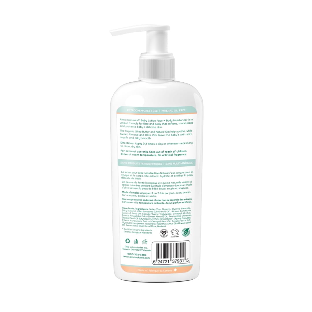 Aleva Naturals Baby Lotion for Face & Body - Organic Moisturizer for Sensitive Dry Skin - Hypoallergenic & Fragrance-Free - 240ml - Perfect for Daily Baby Care & Toddler Skin Protection