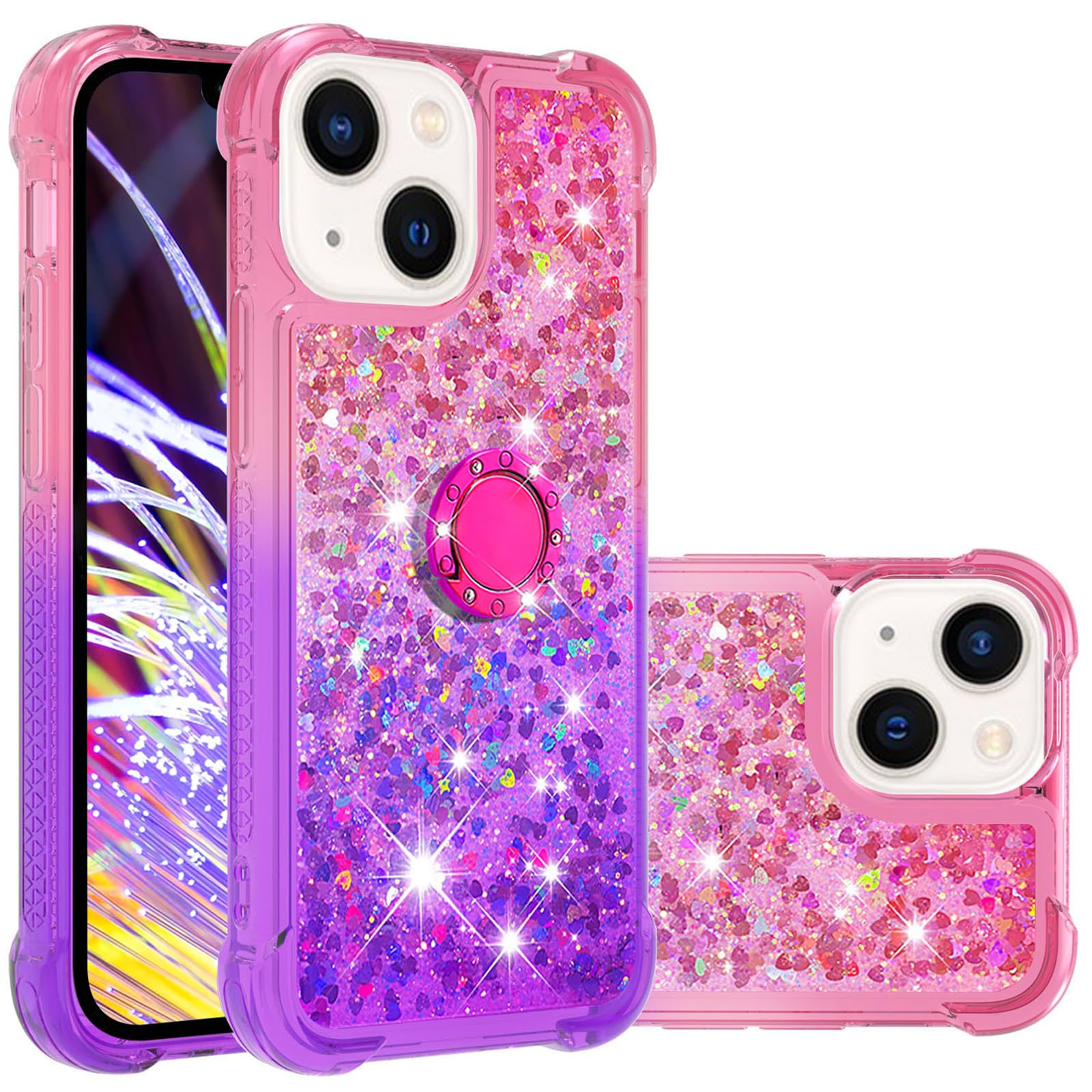 Sparkly Glitter Phone Case for Apple iPhone 15 Plus - Bling Gradient Quicksand TPU Cover with Ring Stand (Pink Purple) | Protective & Stylish Case for Women Girls | Perfect for Everyday Use, Parties & Gifting