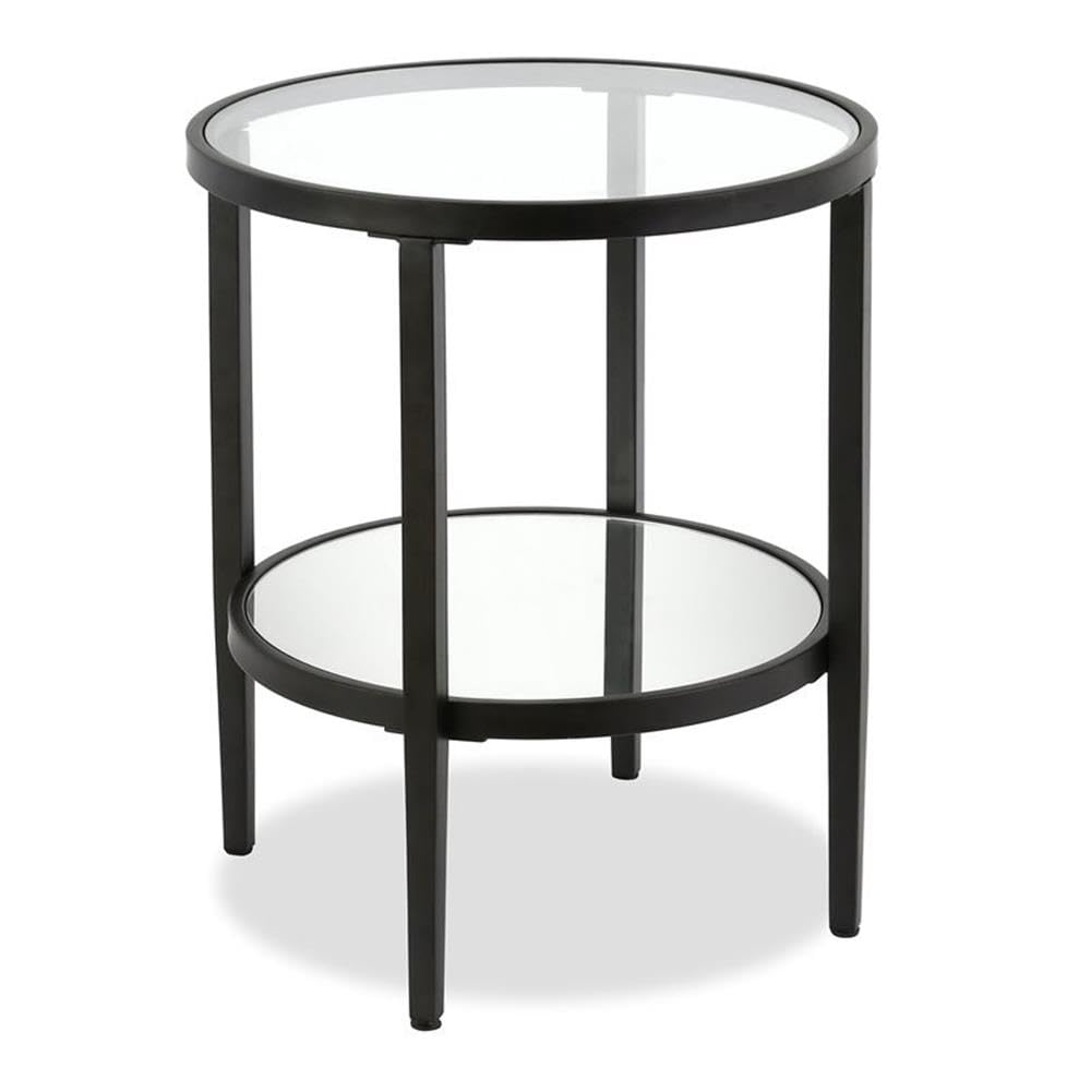 Modern Round Glass Top Metal Accent Table with Shelf - Black Pemberly Row End Table for Living Room, Bedroom & Office Decor