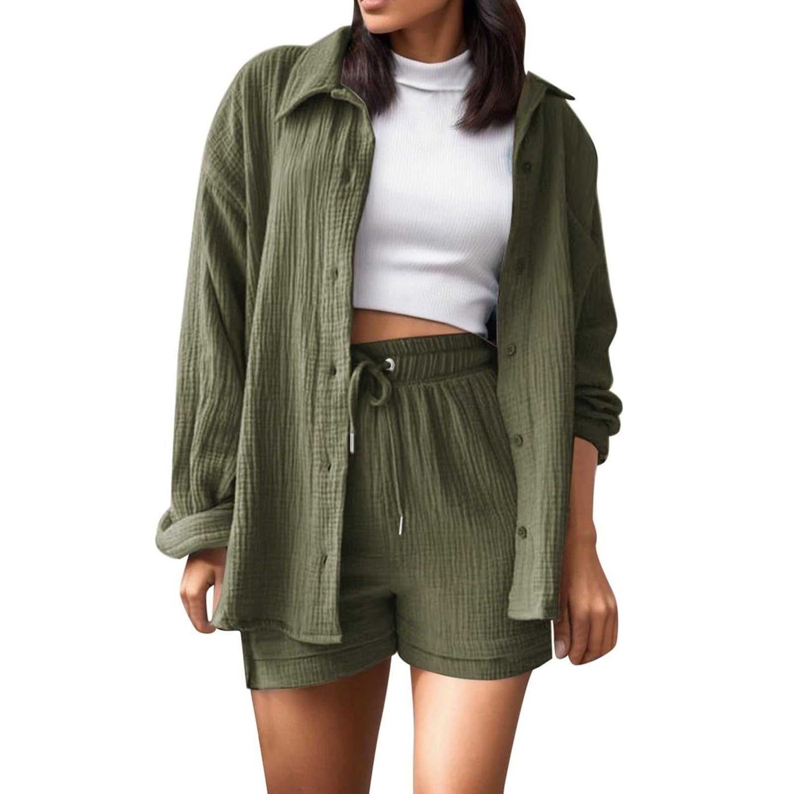 Women's 2-Piece Linen Outfit - Comfy Long Sleeve Shirt & Shorts Set for Summer/Fall Lounge Wear