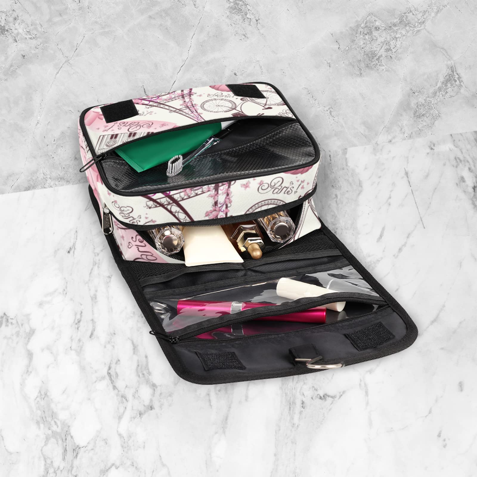 Paris Eiffel Tower Hanging Toiletry Bag for Women & Men - Floral Flower Cosmetic Makeup Organizer - Perfect for Travel, Gym, Camping & Weekend Getaways