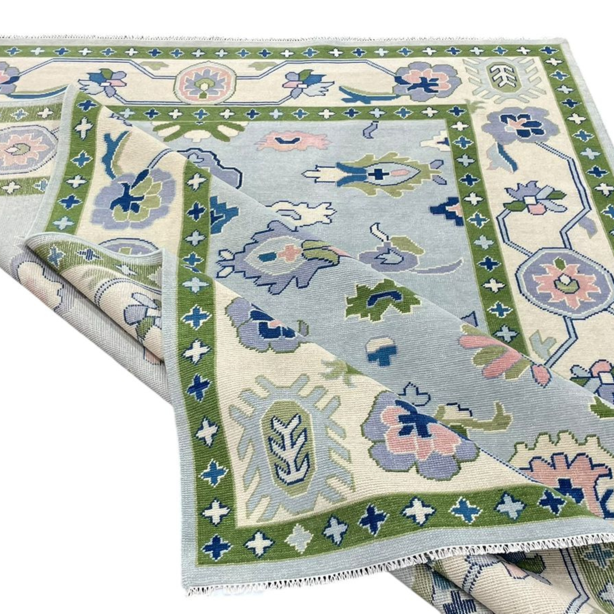 Handmade Byram Oushak Rug in Meadow Green - Authentic Turkish Wool Area Rug for Living Room, Bedroom & Dining Room Decor