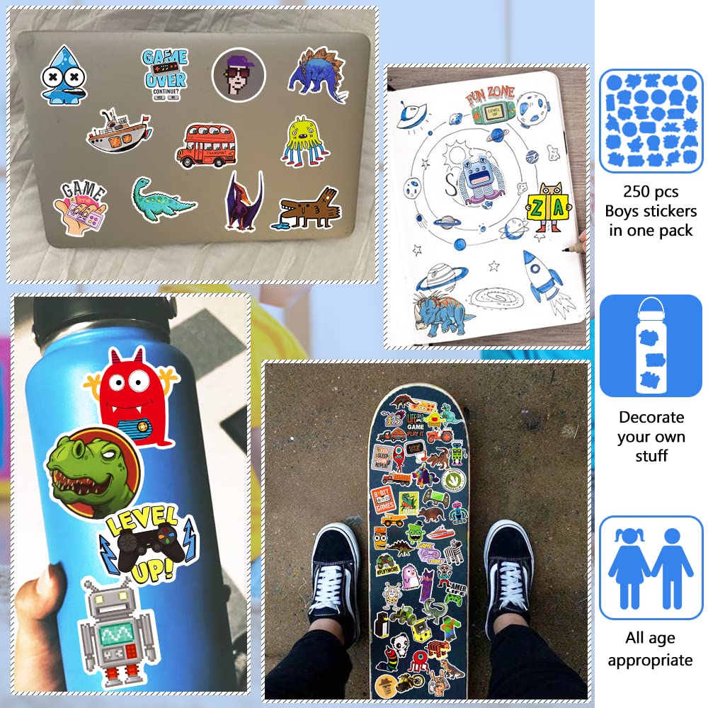 DETICKERS 250PCS Bulk Water Bottle Stickers - Cute Dinosaur & Gamer Vinyl Stickers for Teens & Boys 8-12 - Decorate Laptops, Hydro Flasks, Skateboards & Bikes